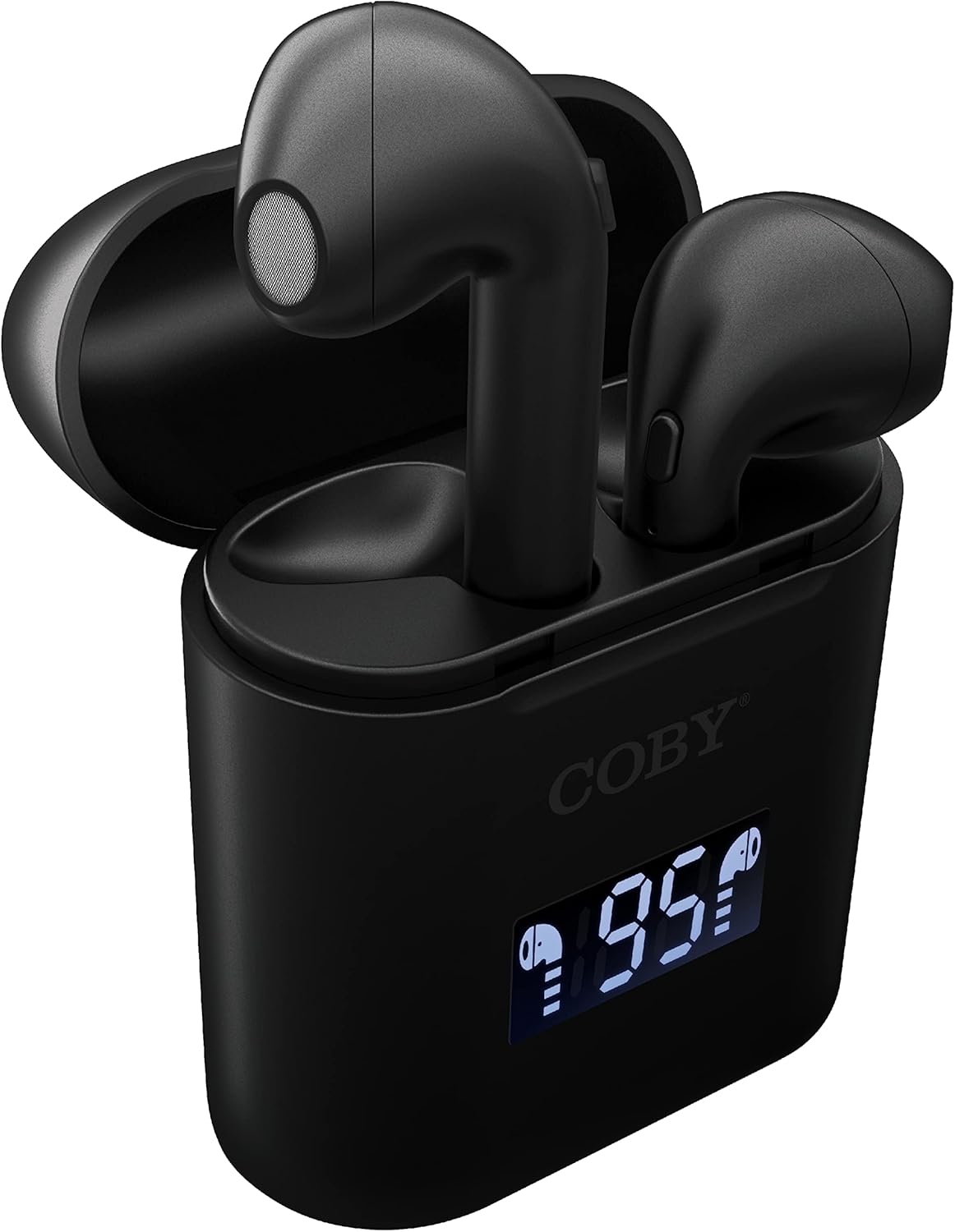 Coby True Wireless Earbuds in open charging case with 95% battery display