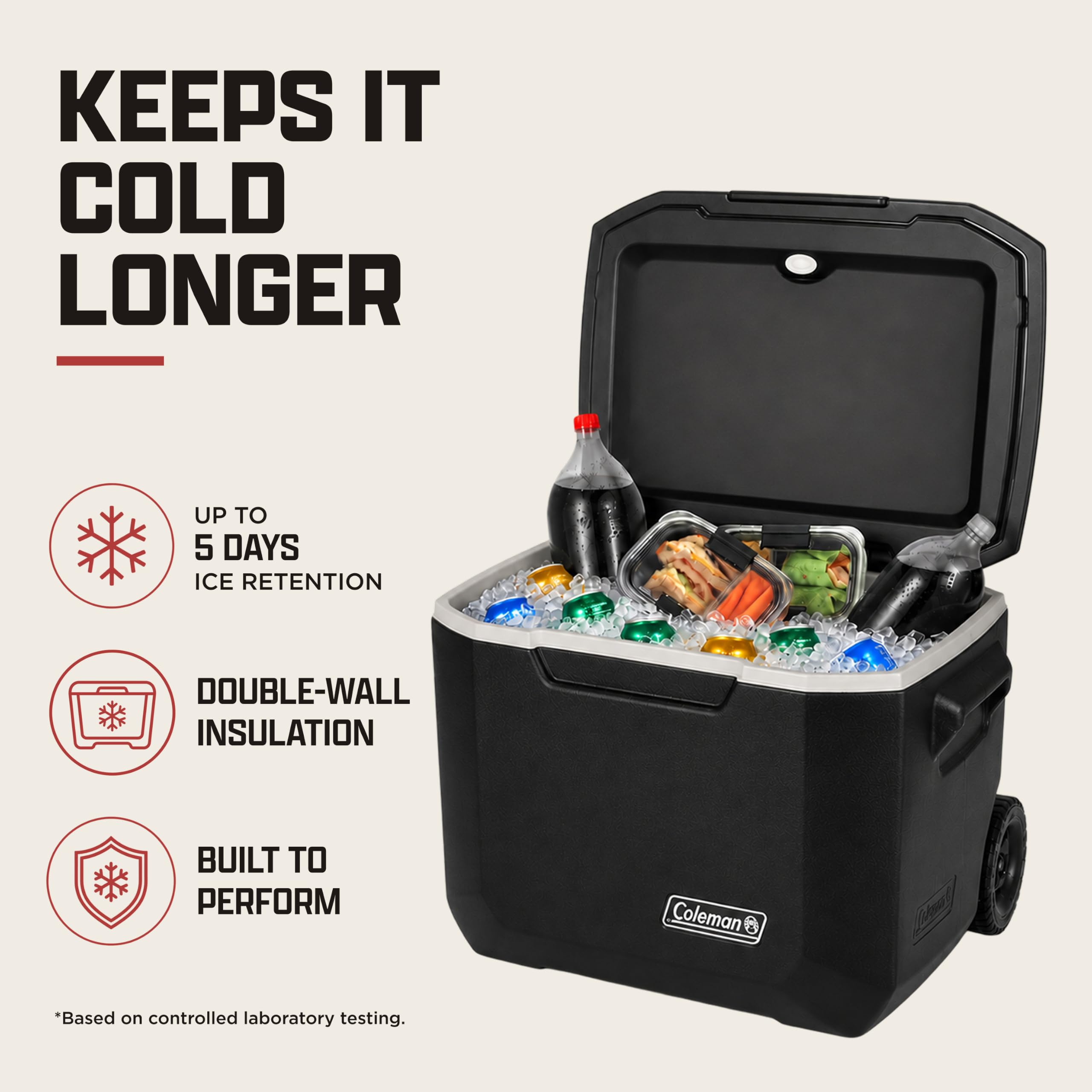 Coleman Glacière portable à roulettes Xtreme de 50 litres avec roues pour garder la glace jusqu'à 5 jours