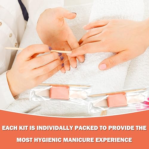 Miniatura 5 de Leelosp Juego de 100 juegos de manicura desechables, kit básico de 3 piezas, lima de uñas de madera blanca, grano 180/180, mini búfer morado grano