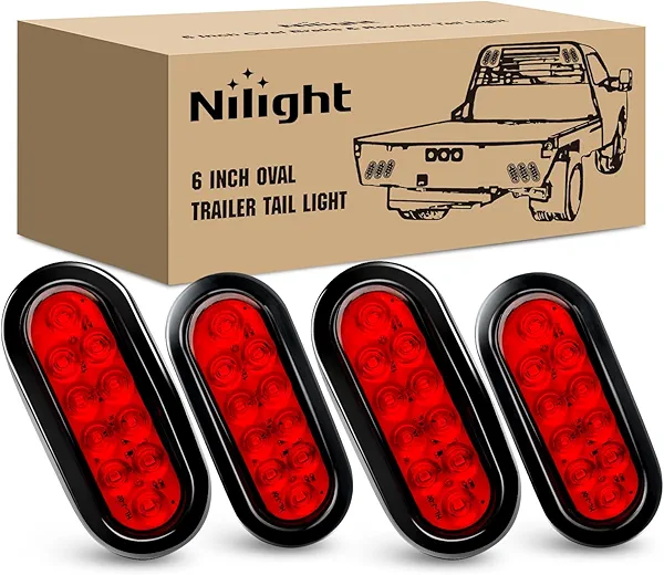 Nilight 6 Inch Oval Red LED Trailer Tail Lights 4PCS with Flush Mount Grommets Plugs IP67 Waterproof Stop Turn Brake Lighting Modes for Camper RV Truck