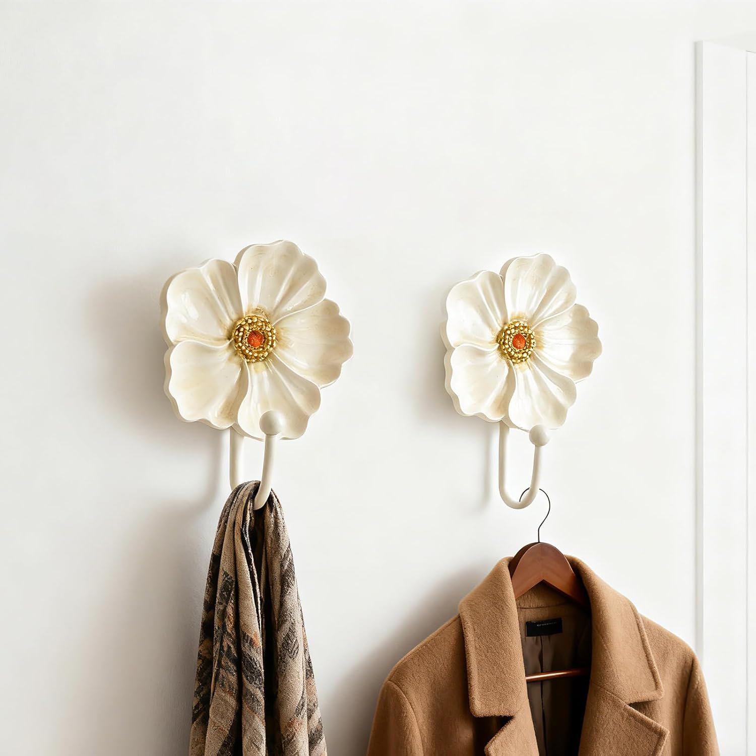 Guichifun Flower Coat Hooks Wall Decor - 2pcs Resin White Decorative Wall Hooks for Hanging Clothes Coats Towels Keys Bags Hats Bathroom Home Decoration Gift 4.3 x 2.2 x 6 Inch