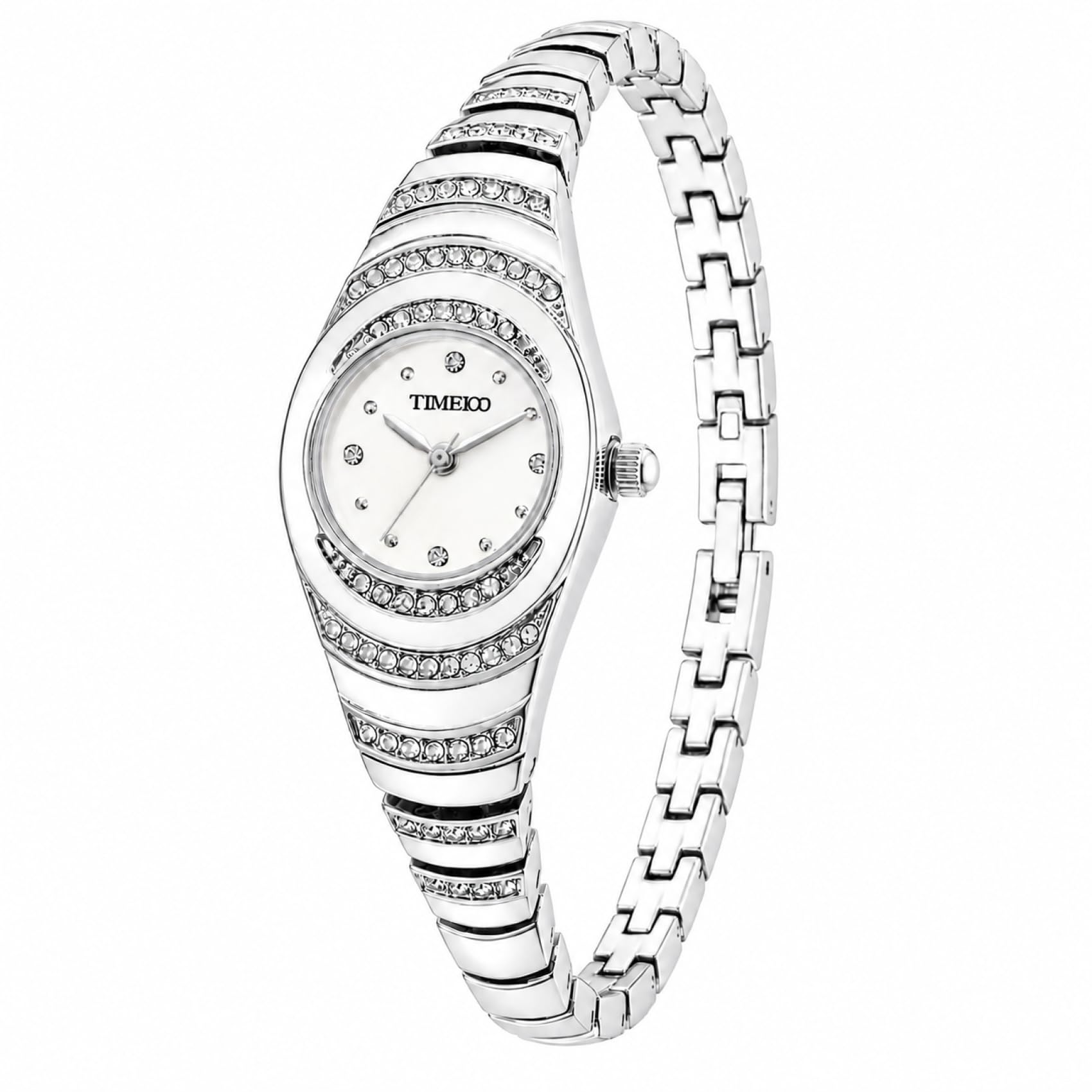 TIME100 Orologio da donna con cinturino in argento ovale, set di cristalli | Orologio da polso analogico al quarzo, da donna, con quadrante bianco, elegante da indossare tutti i giorni