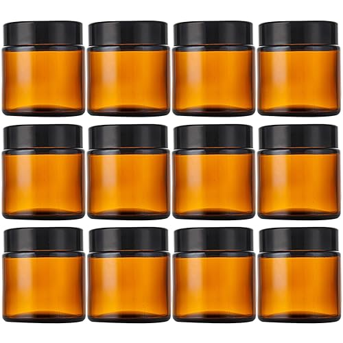 Miniatura 8 de IRON BILL Tarros redondos de vidrio ámbar de 1 onza con forros interiores y tapas negras (24 unidades) recipientes de crema vacíos frascos