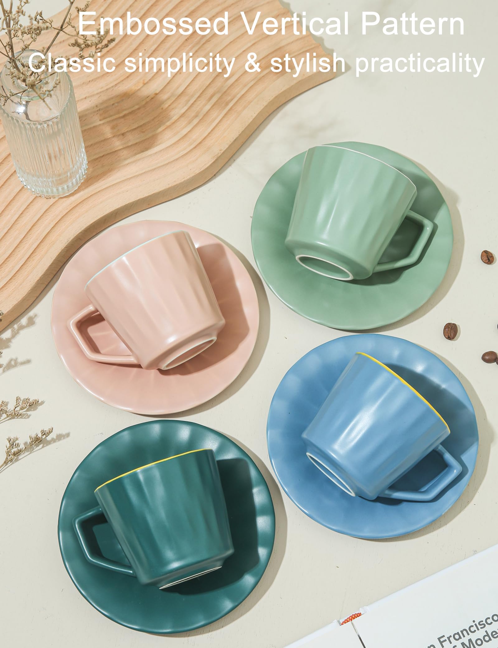 Juego de 4 tazas y platillos de té, tazas grandes de espresso de 7.5 onzas, taza de café de porcelana y platillo, taza de café apta para lavavajillas y microondas, para capuchino, latte,