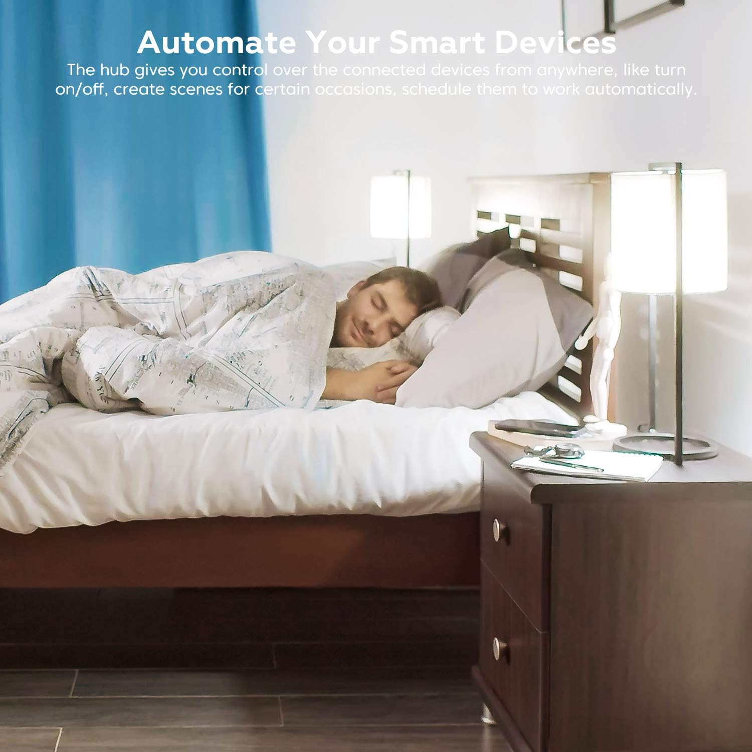 Bedroom scene illustrating smart device automation