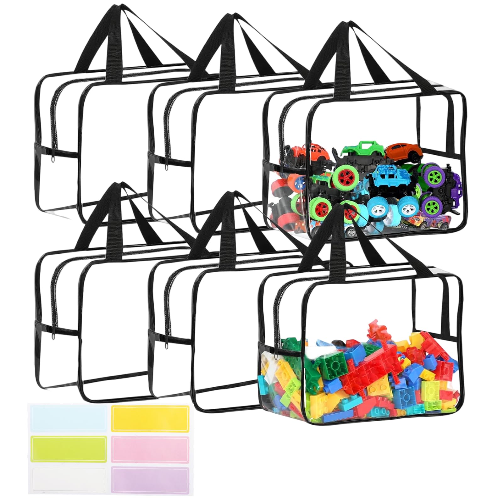 Confezione da 6 sacchetti trasparenti per giocattoli con manici, 35 x 24 x 18 cm, impermeabili, in PVC, con cerniera, riutilizzabili, per giocattoli per bambini, libri, cosmetici (nero)