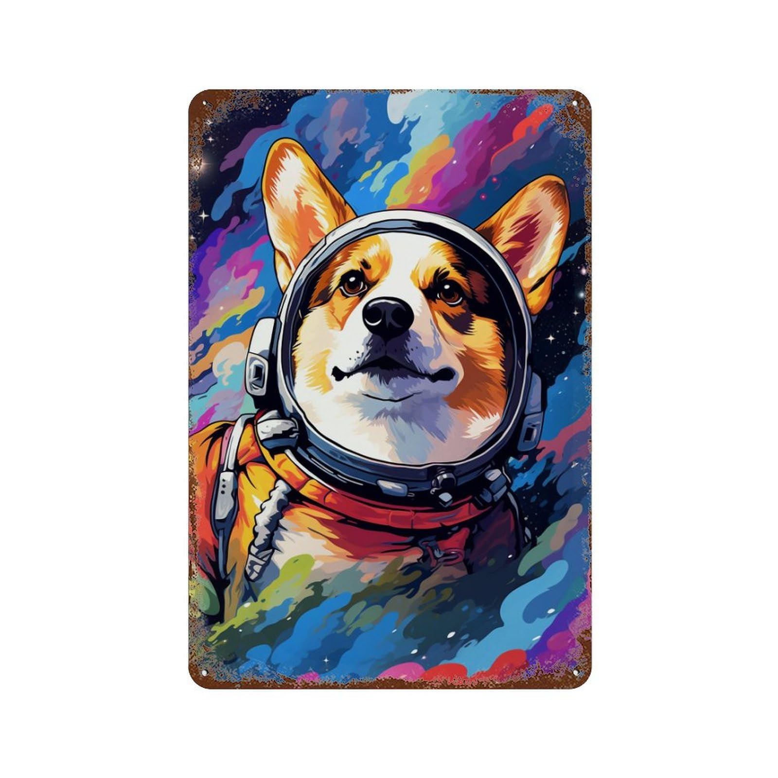 Corgi Astronaut in Space -24 Decorative Tin Sign 11.8"x7.9", for Garage, Bar And Workshop Decor, Novelty Wall Decor