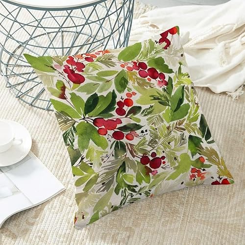 Miniatura 5 de AEIOAE Juego de 2 fundas de almohada navideñas de 20 x 20 pulgadas con acuarela, almohadas decorativas de Navidad, fundas de almohada de lino de
