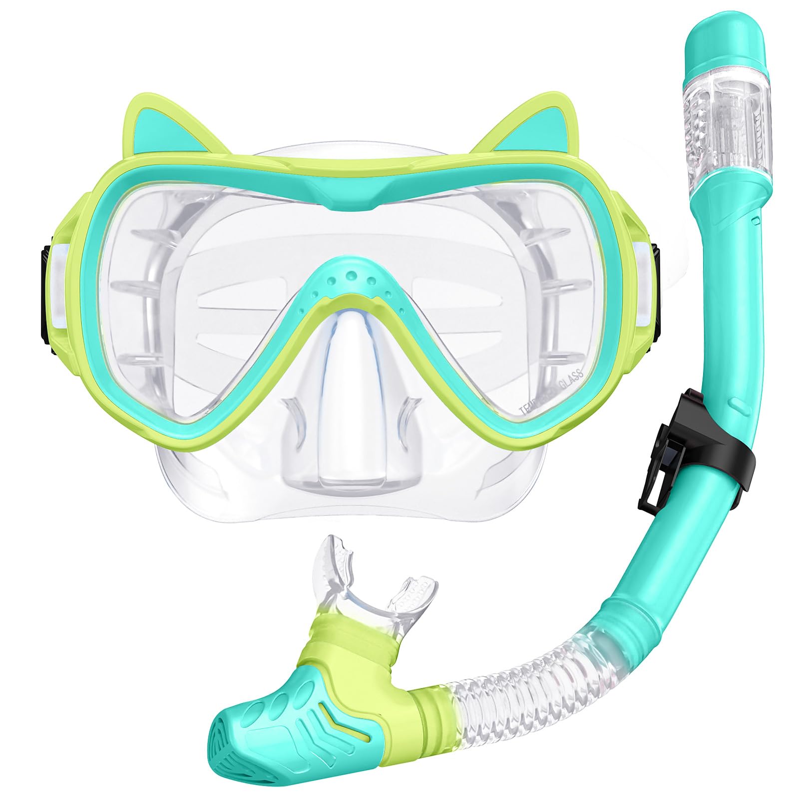 2025 Cute Kitten Kids Snorkel Set,Pastel Colors, Anti-Fog Tempered Glass Snorkeling Gear for Kids Age 6 and up – Ideal for Birthdays or Graduation Celebrations!