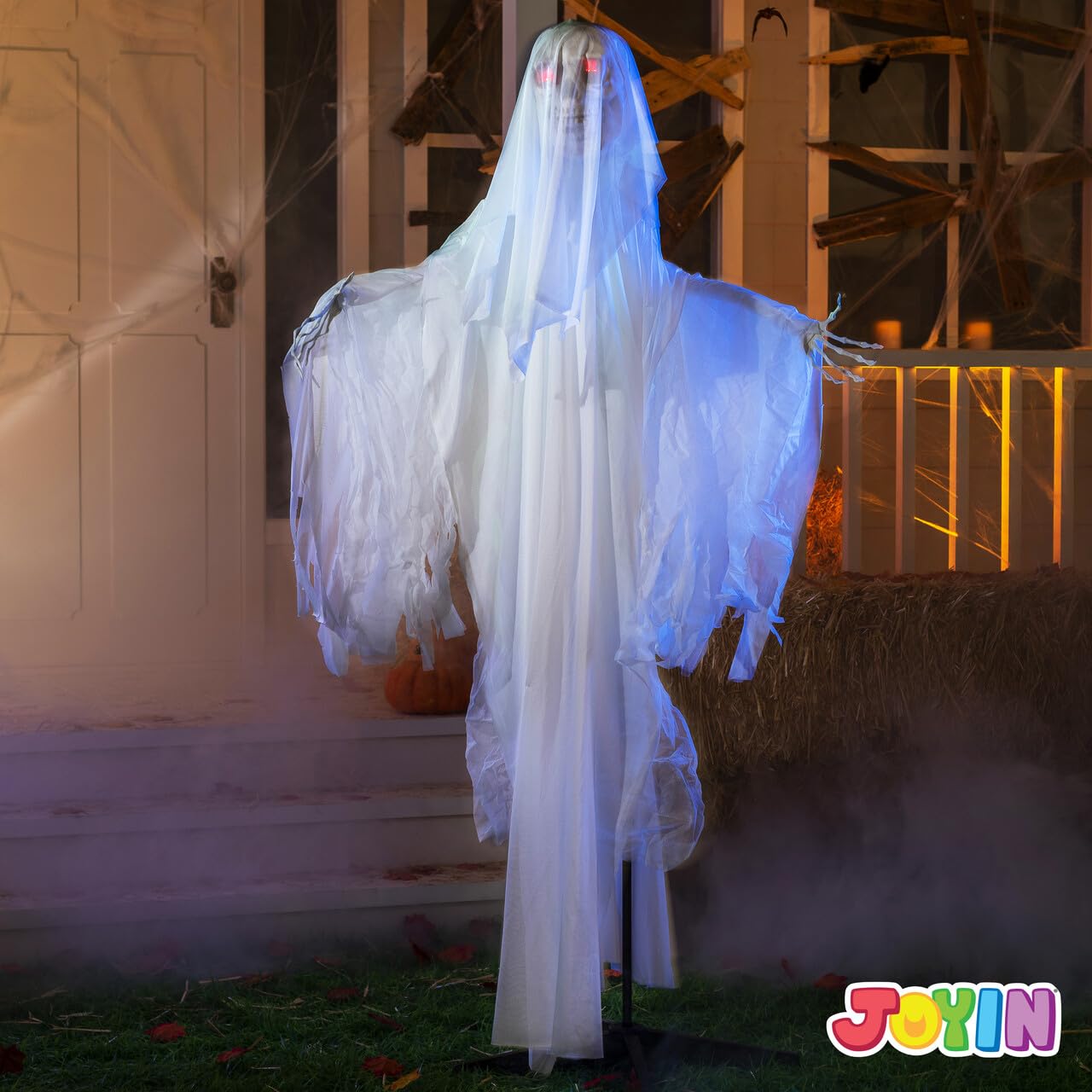 OYIN Décoration de fantôme animée pour Halloween - 172,7 cm - Squelette Debout - avec Yeux Lumineux et Son Effrayant (Activation sonore) - pour Halloween,