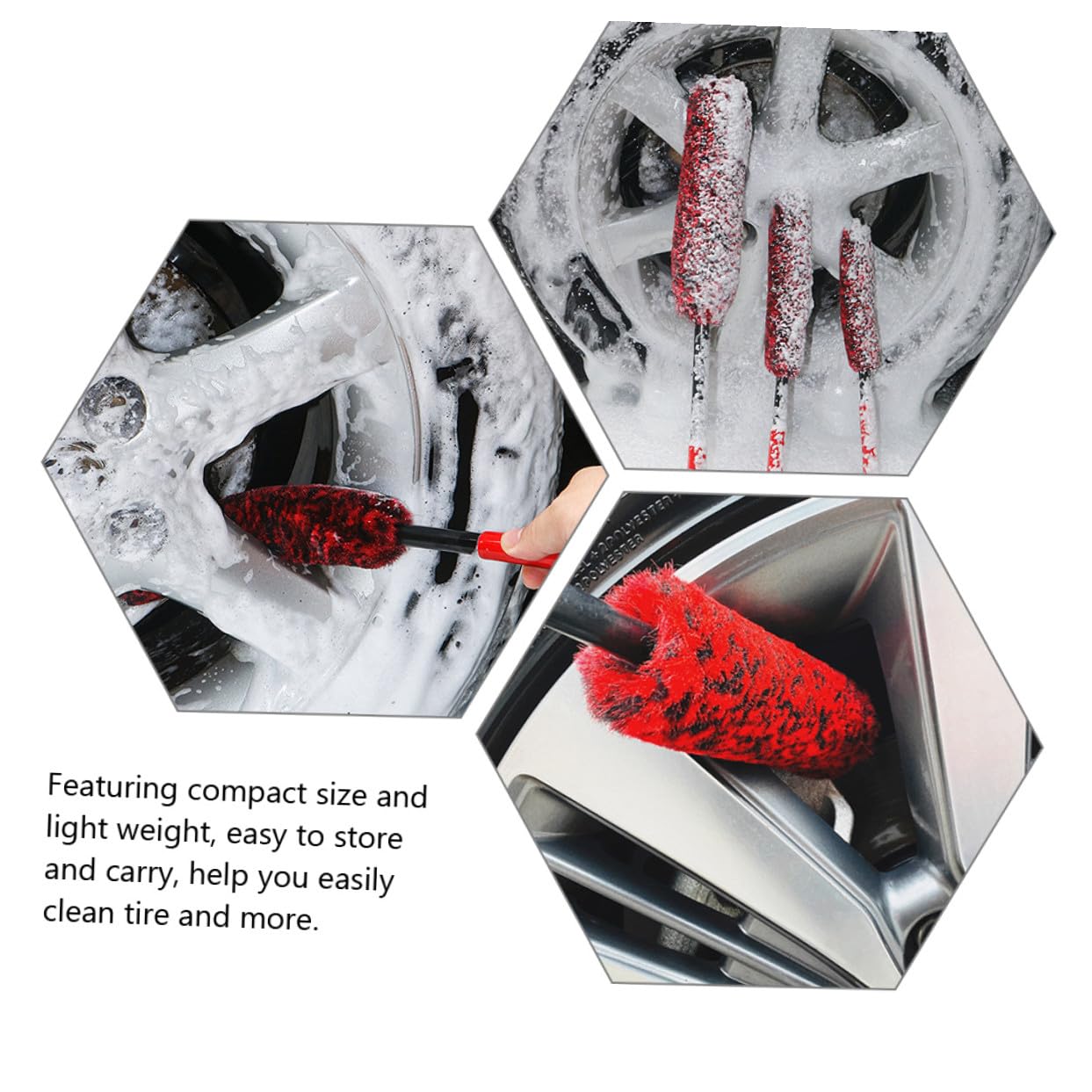 SHERCHPRY Set 3 Pezzi Spazzole per Pulizia Pneumatici Auto Manico Ergonomico in Fibra e Pom, Strumento Facile da Conservare per Cura e Detersione Ruote