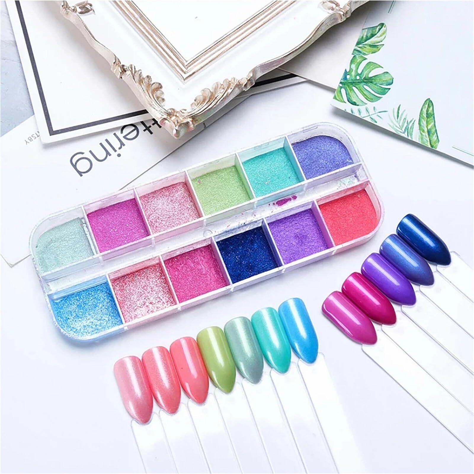 Polvere cromata unghie 12 Griglie Aurora Sirena Perla Shimmer Specchio effetto cromato Polvere for unghie per Manicure