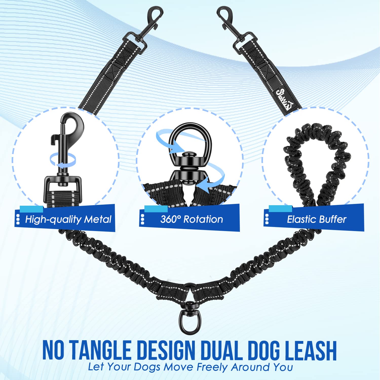 SlowTon Doble Correa para Perros sin enredos - Cable Reflectante Giratorio de Alta Resistencia Giratorio de 360 °, Entrenamiento para Caminar Amortiguador para 2 Perros medianos pequeños