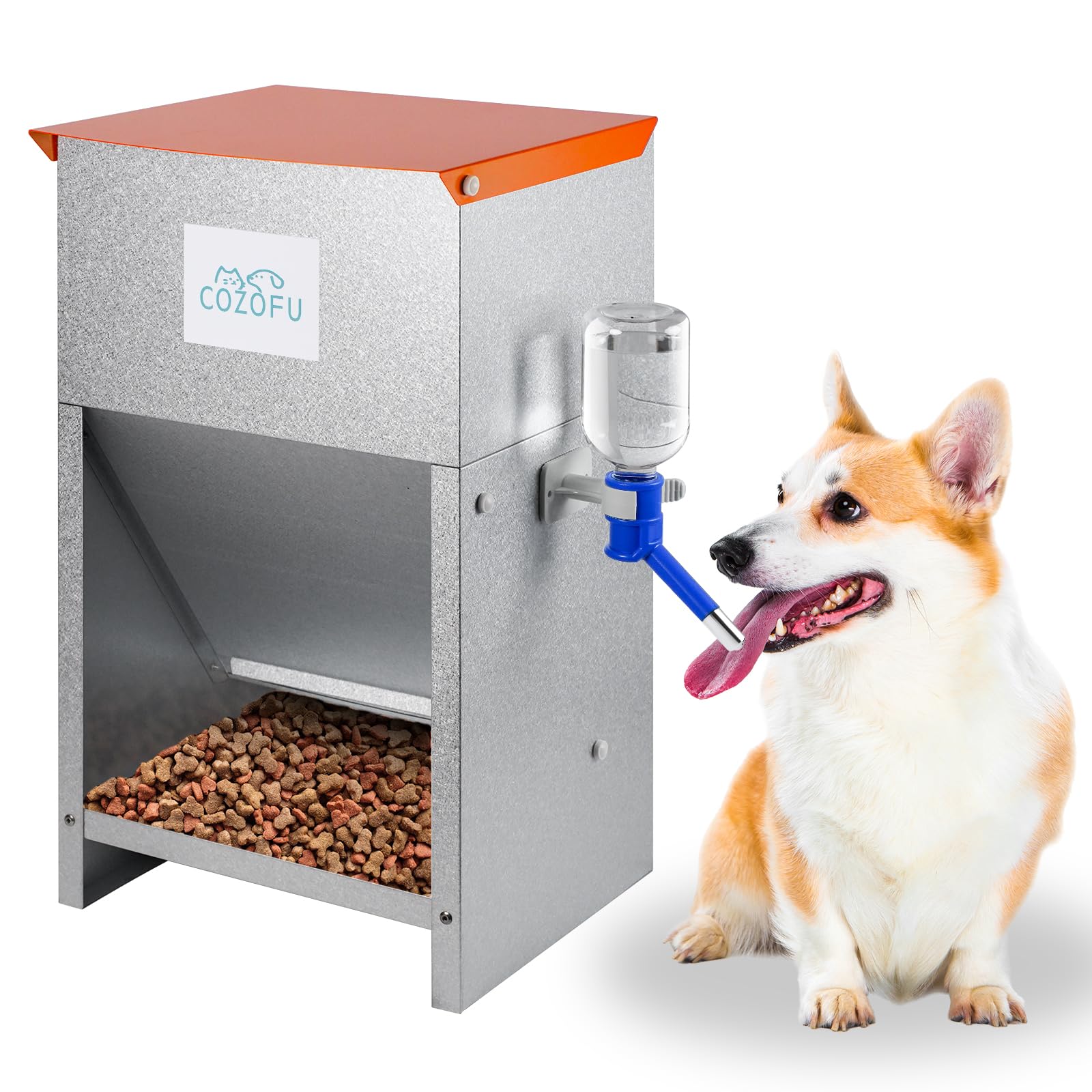 Automatic Gravity-Fed Dog Feeder with Water Bowl - Galvanized Steel Indoor/Outdoor Pet Food Station - 25lb Heavy-Duty Kibble Dispenser for All Dog