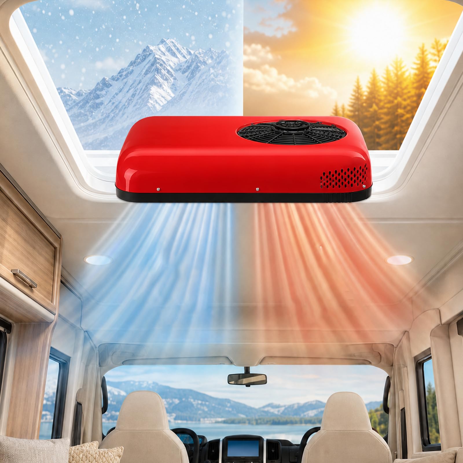 12v/24v Rv Klimaanlage Slim Fit Dach Ac Einheit Leise, Energiesparender, BüRstenloser Inverter-Motor & Leiser Betrieb, FüR Wohnmobil, Wohnwagen Red24V-Heat&Cool