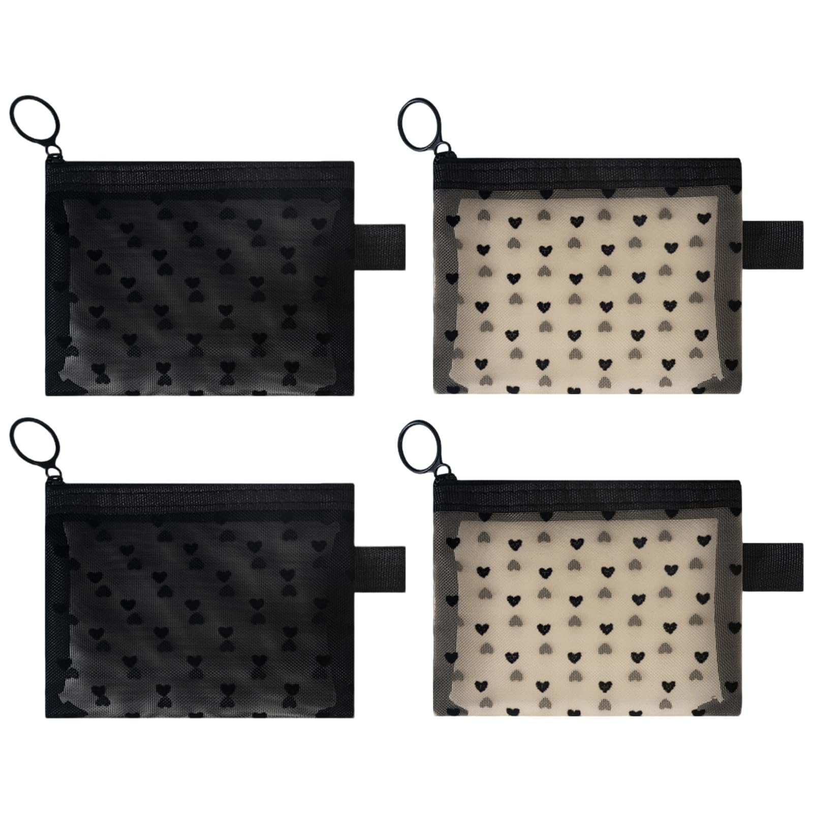 4Pcs Mini Mesh Makeup Bags, Heart Print Clear Zipper Pouch for Lipstick and Toiletries Organizer Holiday Travel Essentials