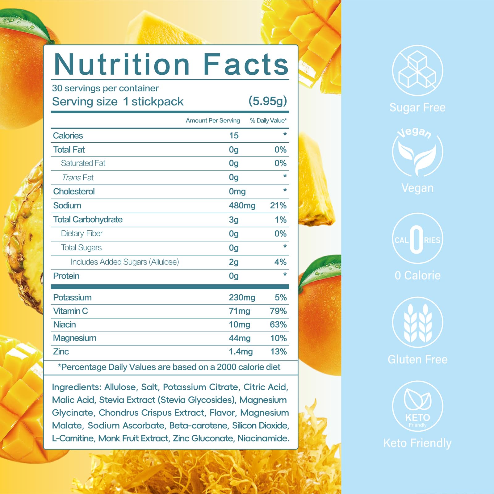 Sea Moss Electrolytes Powder Packets - Hydration Packets Sugar Free - Electrolyte Packets with 30 Sticks - Zero Sugar & 0 Calorie - Keto Friendly - Gluten Free Drink Mix - Mango Pineapple - 5