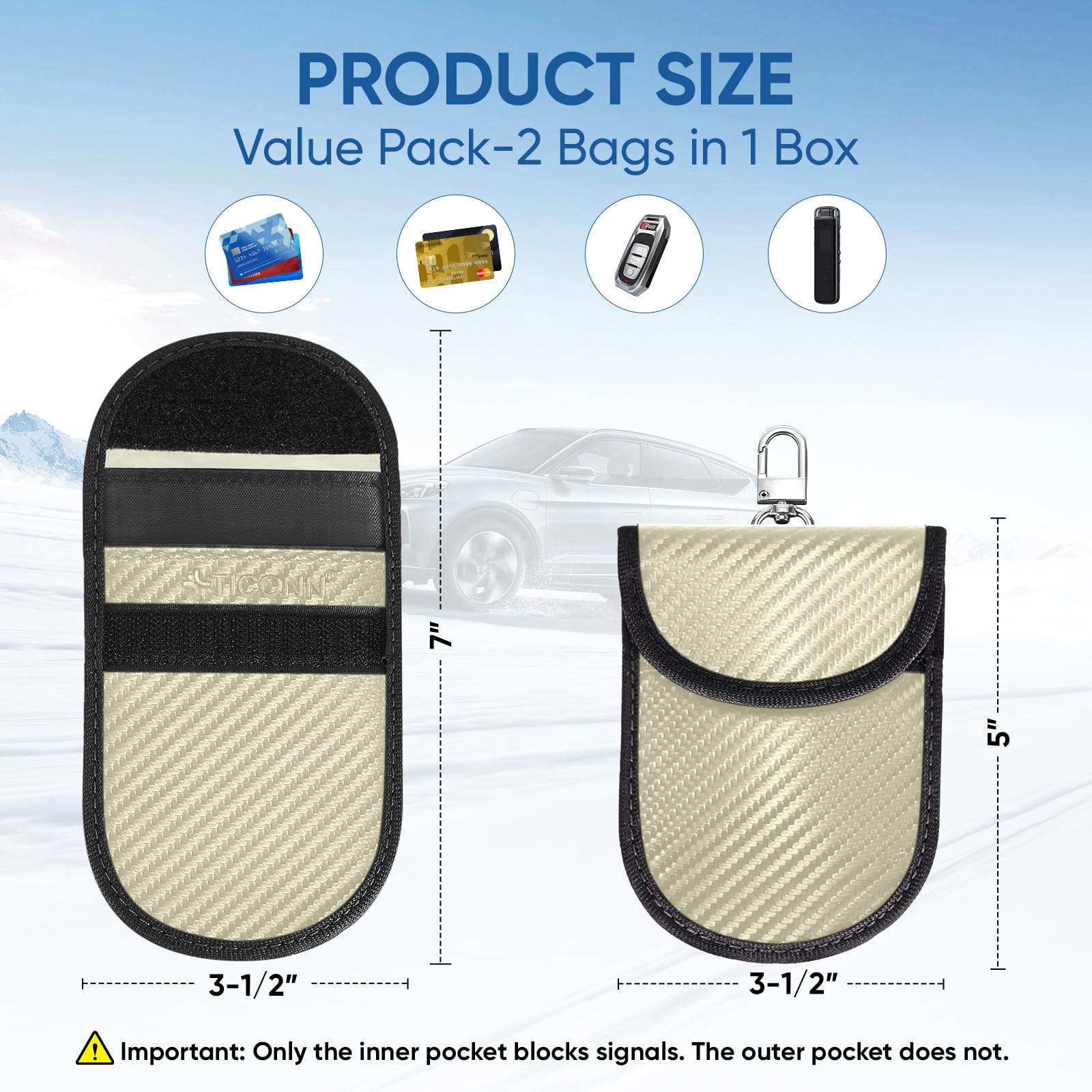 TICONN Faraday - Paquete de 2 bolsas para llavero, protector de jaula Faraday de 3.5 x 5.0 pulgadas, bloqueo de señal RFID para automóvil, bolsa antirrobo, bloqueador de carcasa antirrobo (beige, M)