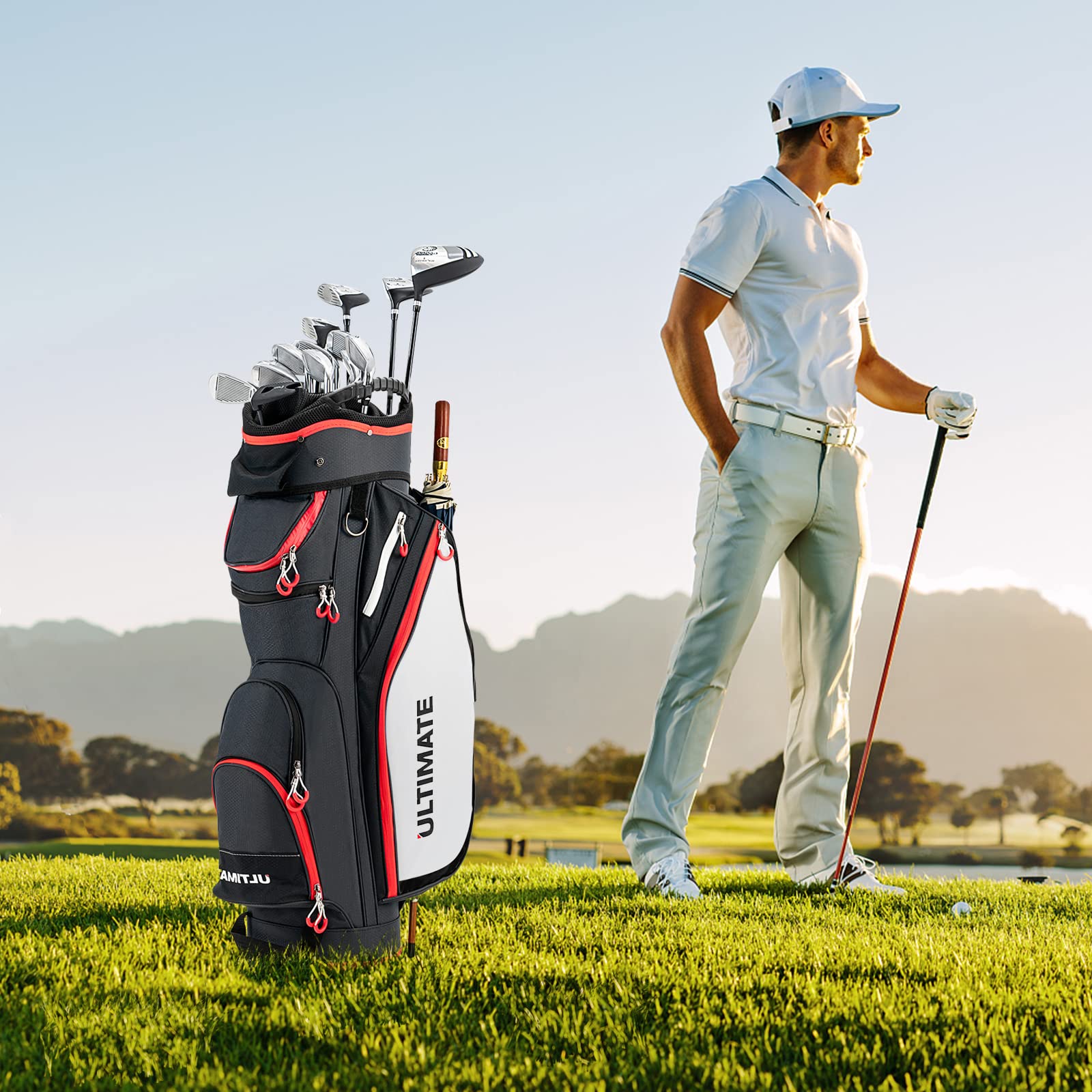 COSTWAY Sac de Golf avec Support 14 Compartiments Séparés 8 Poches Capuche Anti-Pluie Bandoulière Sac Isotherme Léger pour Transporter Grande Capacité