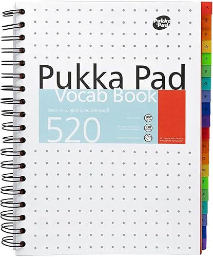 Pukka Pad Libro de vocabulario B5 con capacidad de 520 palabras, incluye 20 divisores alfabetizados reposicionables, aprende sinónimos, antónimos y