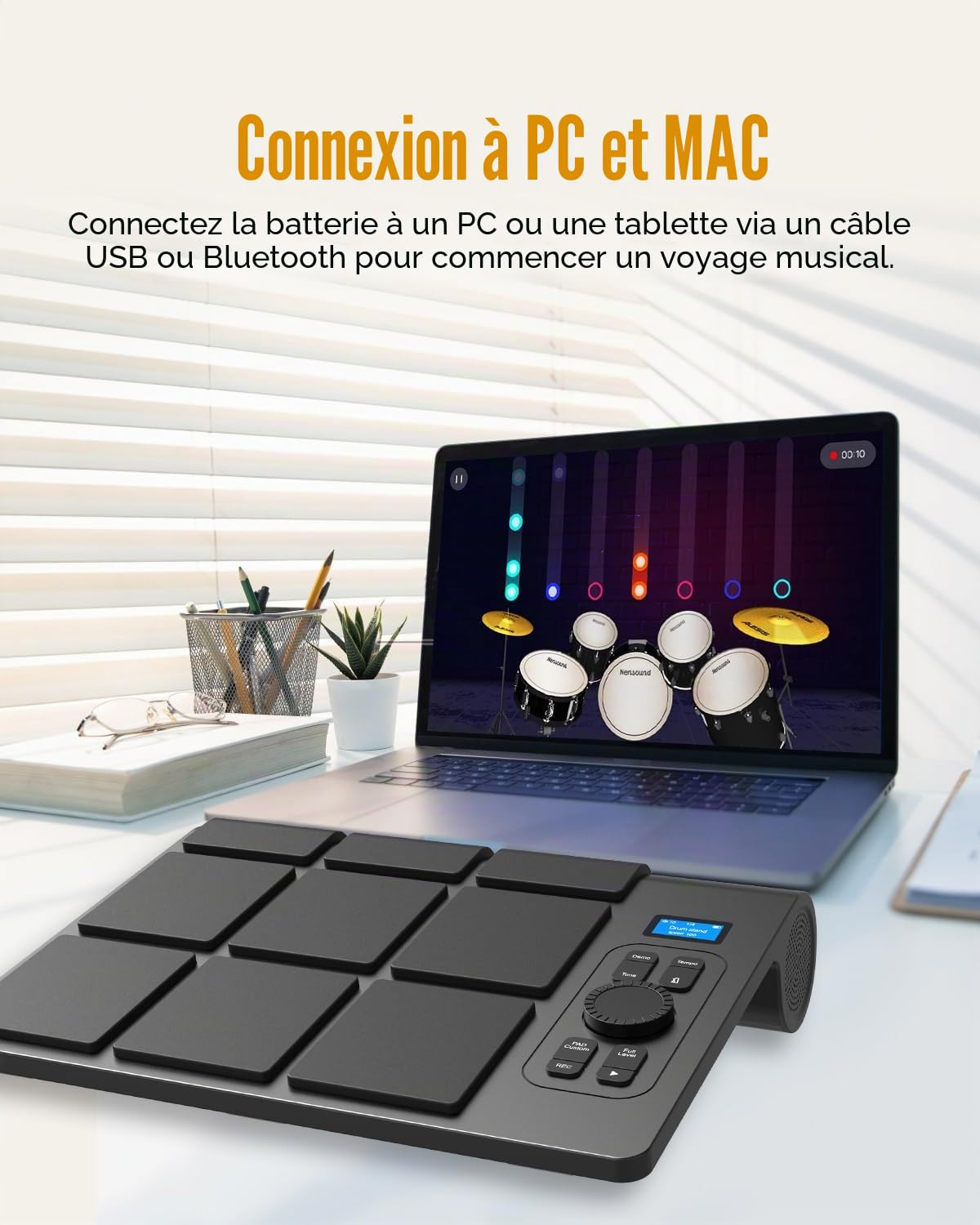 Kit de batterie électrique portable 9 pads avec écran LCD, deux haut-parleurs stéréo et pédales – Batterie numérique pour débutants/professionnels, compatible PC/Mac, pratique à domicile et