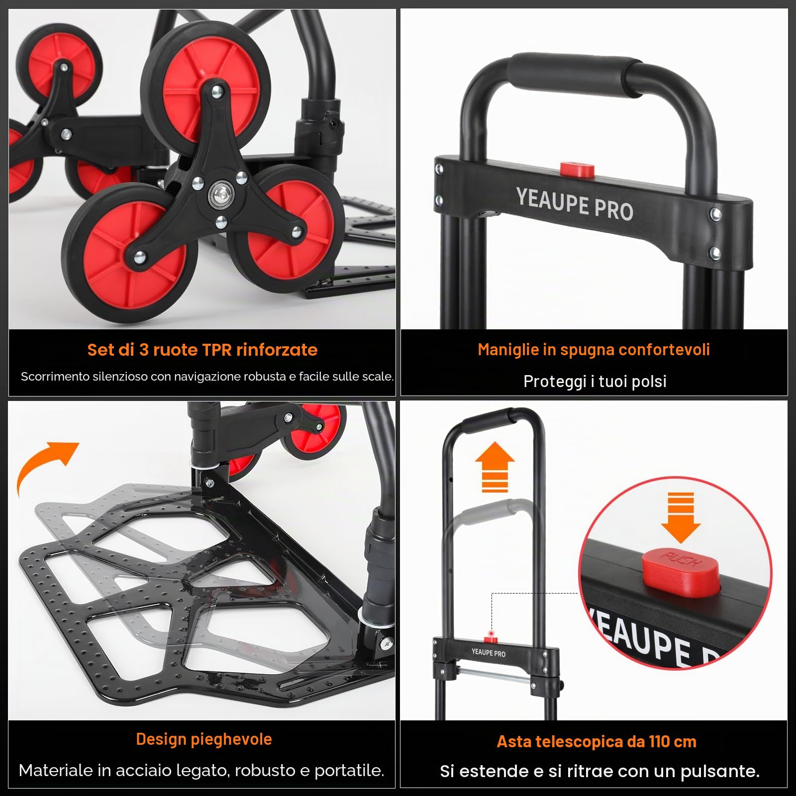 Carrello pieghevole in lega di acciaio con ruote, 100 kg, manico esteso da 110 cm, multiuso con corda elastica, per salire le scale, negozi, ufficio, casa, giardino