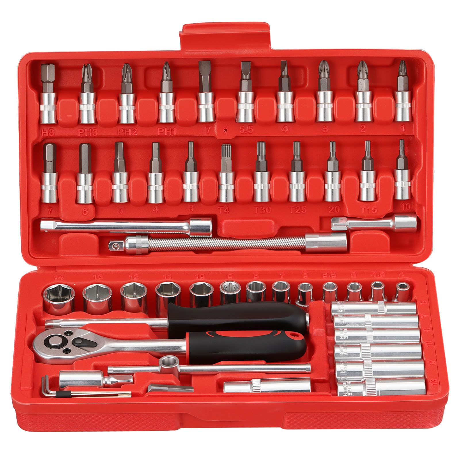 Faankiton 53PCS Ratchet Socket Set 1/4" Drive Socket Wrench Set, Cr-V Metric Ratchet Wrench Tool with Extension Bar and 72 Teeth Reversible Ratchet Spanner for Auto Repair and Home Maintenance (Red)