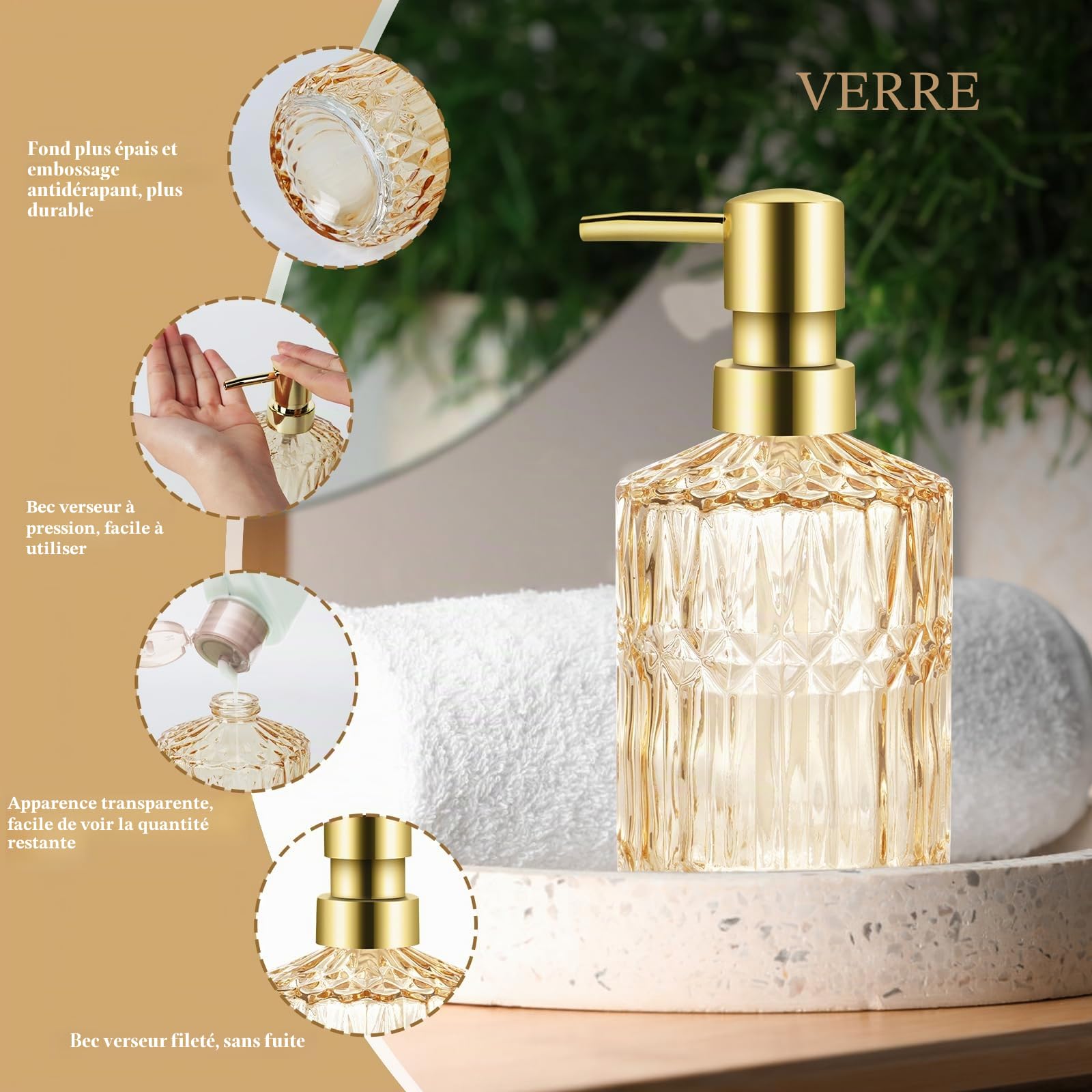 Lot de 5 accessoires de salle de bain en verre doré, distributeur de lotion, porte-savon, porte-brosse à dents, gobelet, cotons-tiges, décoration de salle de bain pour salle de bain moderne, cadeau