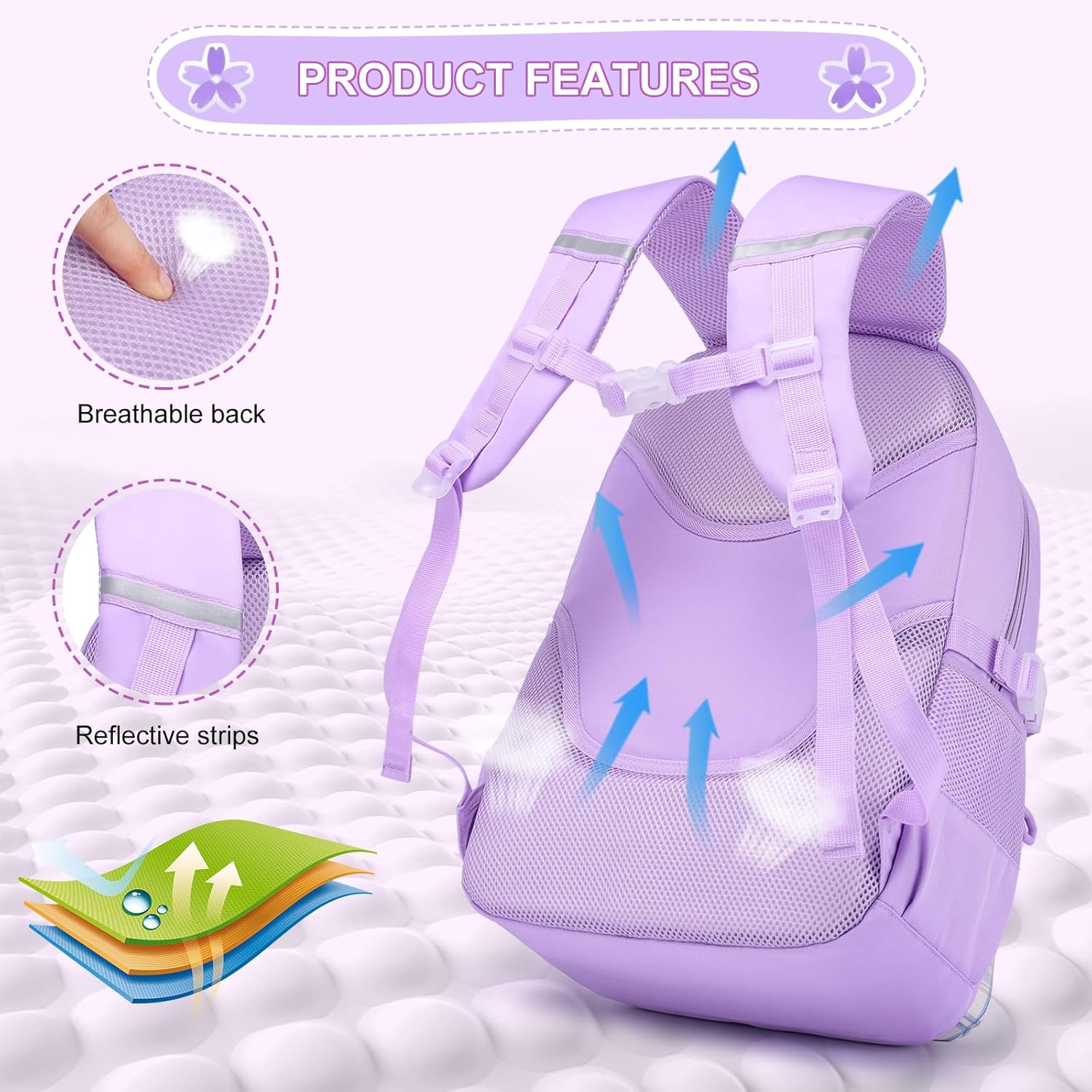 Girls Backpack - 3PCS Kawaii School Bag Set with Lunch Box & Pencil Case for Elementary Middle School, Lightweight Bookbag Casual Daypack for Kids Ages 6-12, Purple