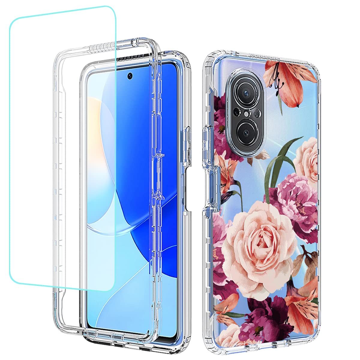 YerebelCase for Nova 9 SE/Honor 50 SE JLN-LX1 JLN-LX3 with Tempered Glass Screen Protector, Floral Design Shockproof Bumper Full Body Protective Cell Phone Cover for Huawei Nova 9 SE (Purple Flower)