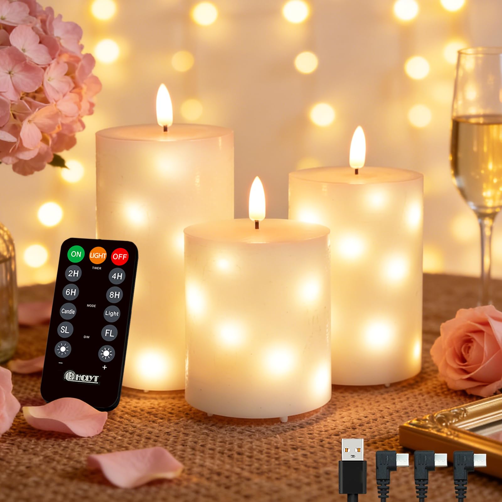 LEDHOLYT Rechargeable Glass LED Flameless Candles, Embedded Star String Flickering Flameless Candles for Romantic Ambiance and Home Decoration with Remote & Timer(White)