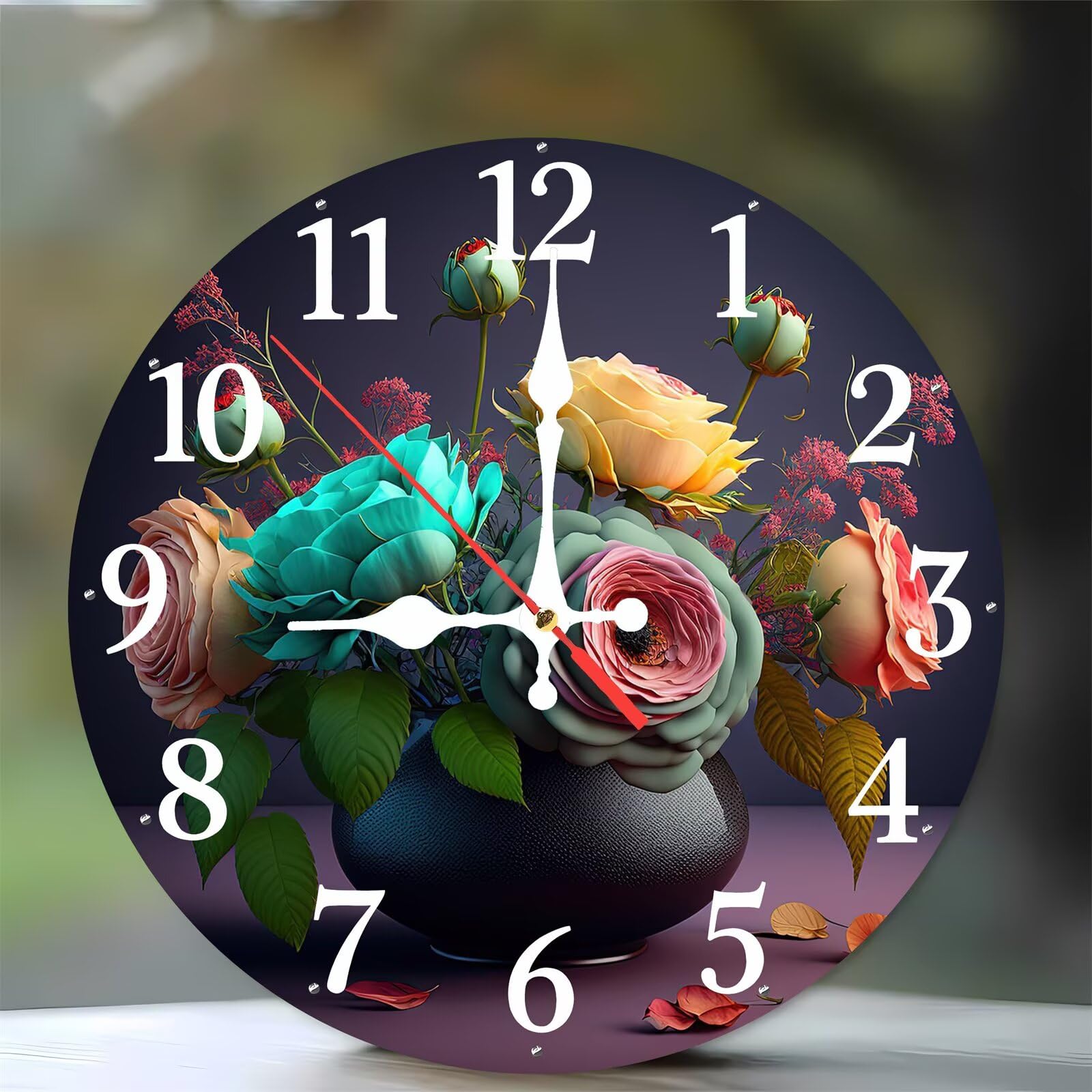 Horloge murale de 35 cm motif vase à fleurs coloré en bois silencieuse