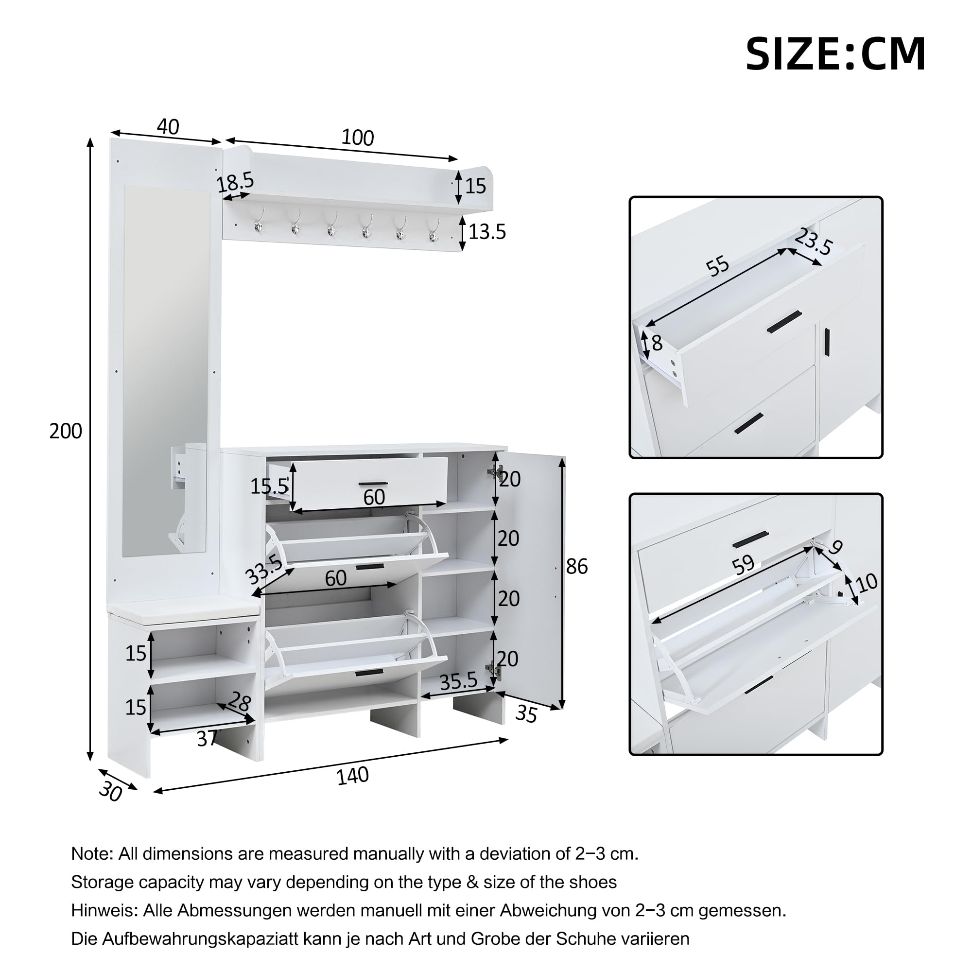 Garderobe Set Garderobenschrank mit Spiegel, Weiß, 140x30x200 cm