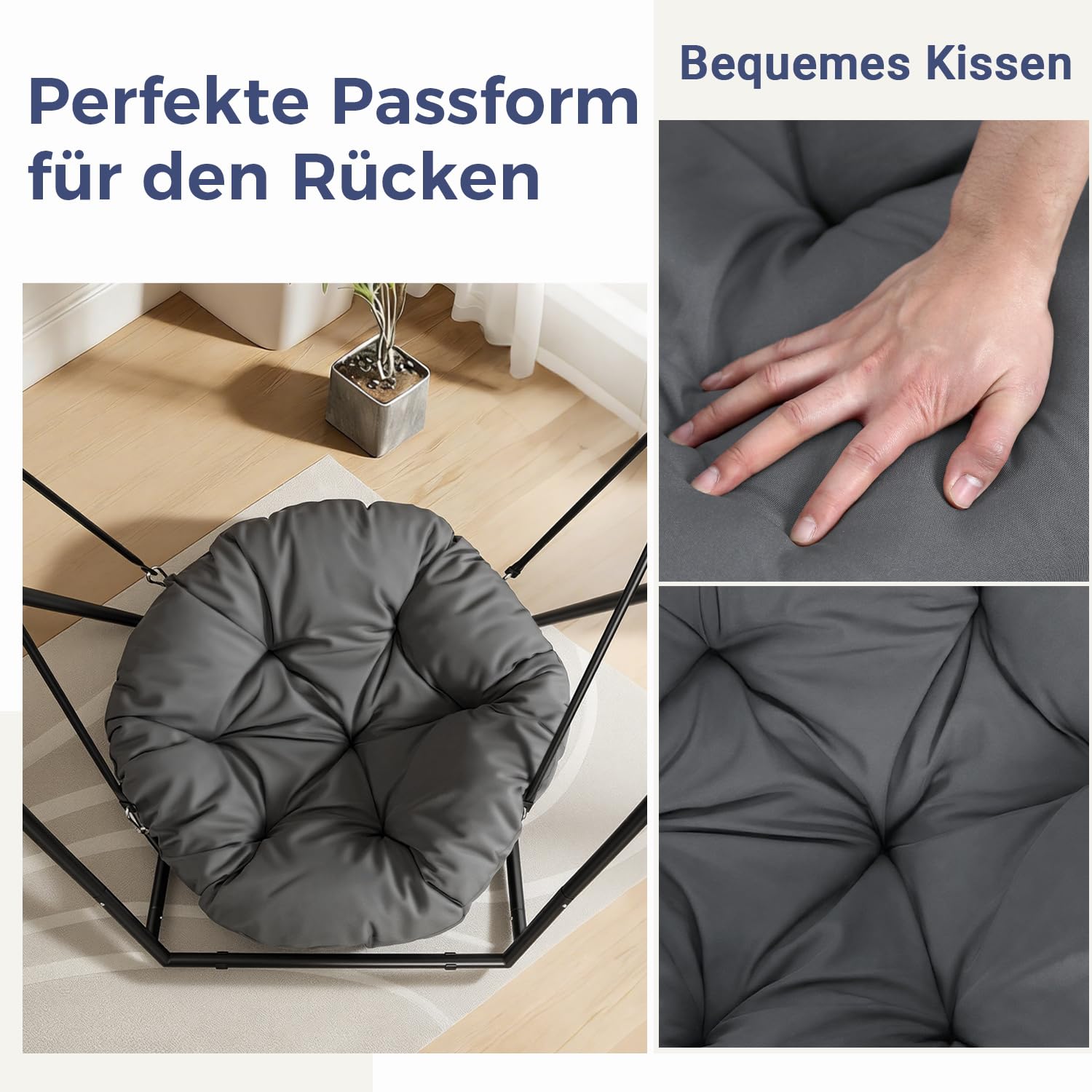 Hängesessel mit Gestell Outdoor, Runder Hängestuhl mit Stahlrahmen & Kissen, 100cm Sitzfläche, Höhenverstellbar, bis 150kg belastbar, Hängeschaukel für Garten, Balkon, Terrasse & Indoor, Schwarz