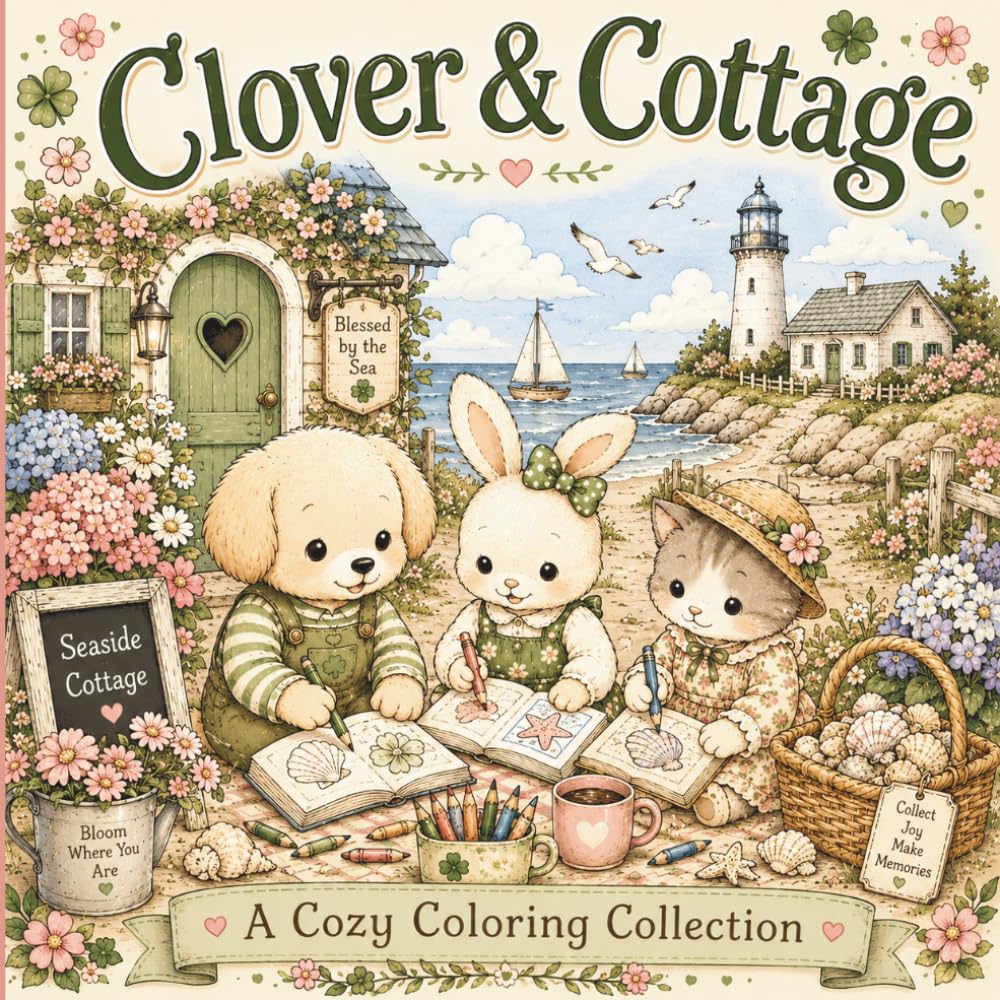 Clover & Cottage: Coastal Cottage Coloring Book: A Cozy Collection of Seaside Gardens, Beach Days, Cottagecore Animals, and Relaxing Coastal Scenes