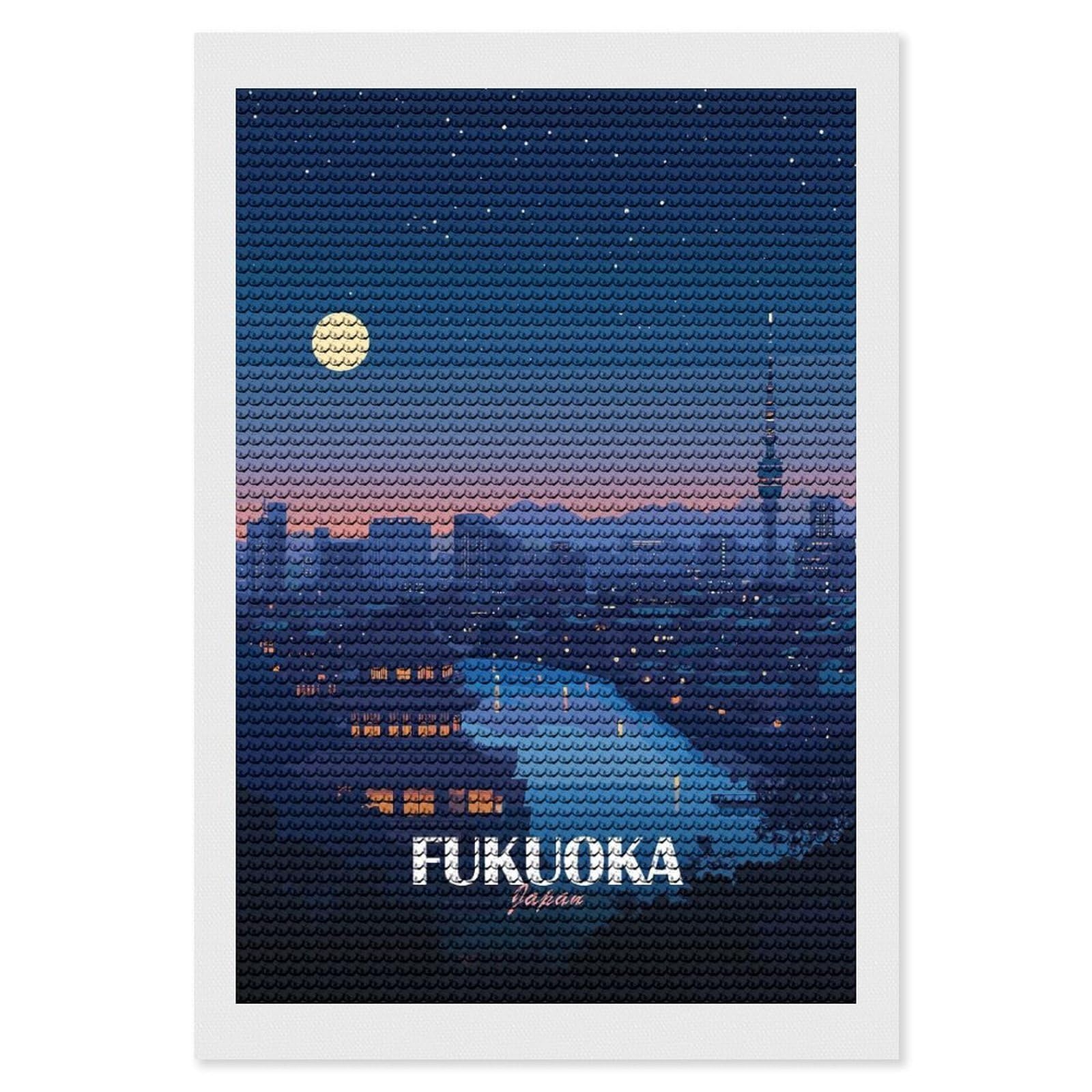 Junmoney Fukuoka Japan Night Cityscape Illustration Diamond Painting Canvas Set 8"x12", with Tool Kit, Easy to Enjoy, Home Wall Decor, Thoughtful Handmade Gift