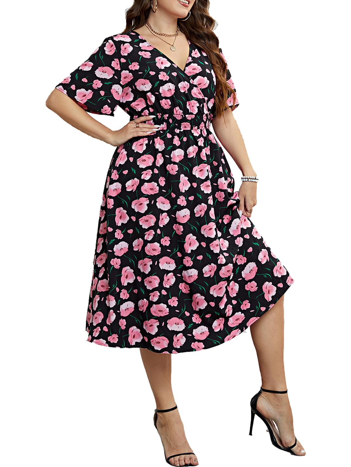 LIAMERHE Vestido Manga Corta Mujer Talla Grande Casual Verano Vestidos Cuello en V Elegante Vestido Largo hasta la Rodilla