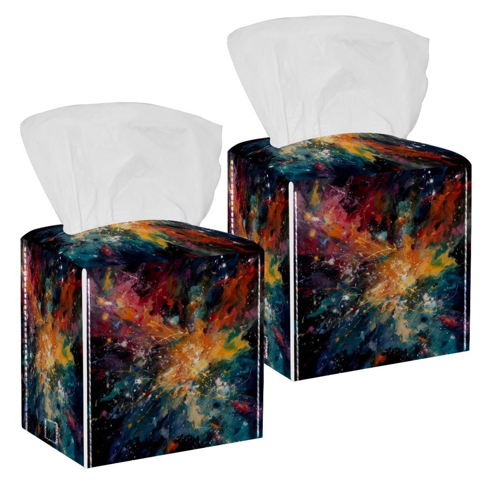 Colorful Starry Sky Tissue Box Cover, 2 Pack PU Leather Square Facial Tissue Dispenser Box holder for Home Office Car