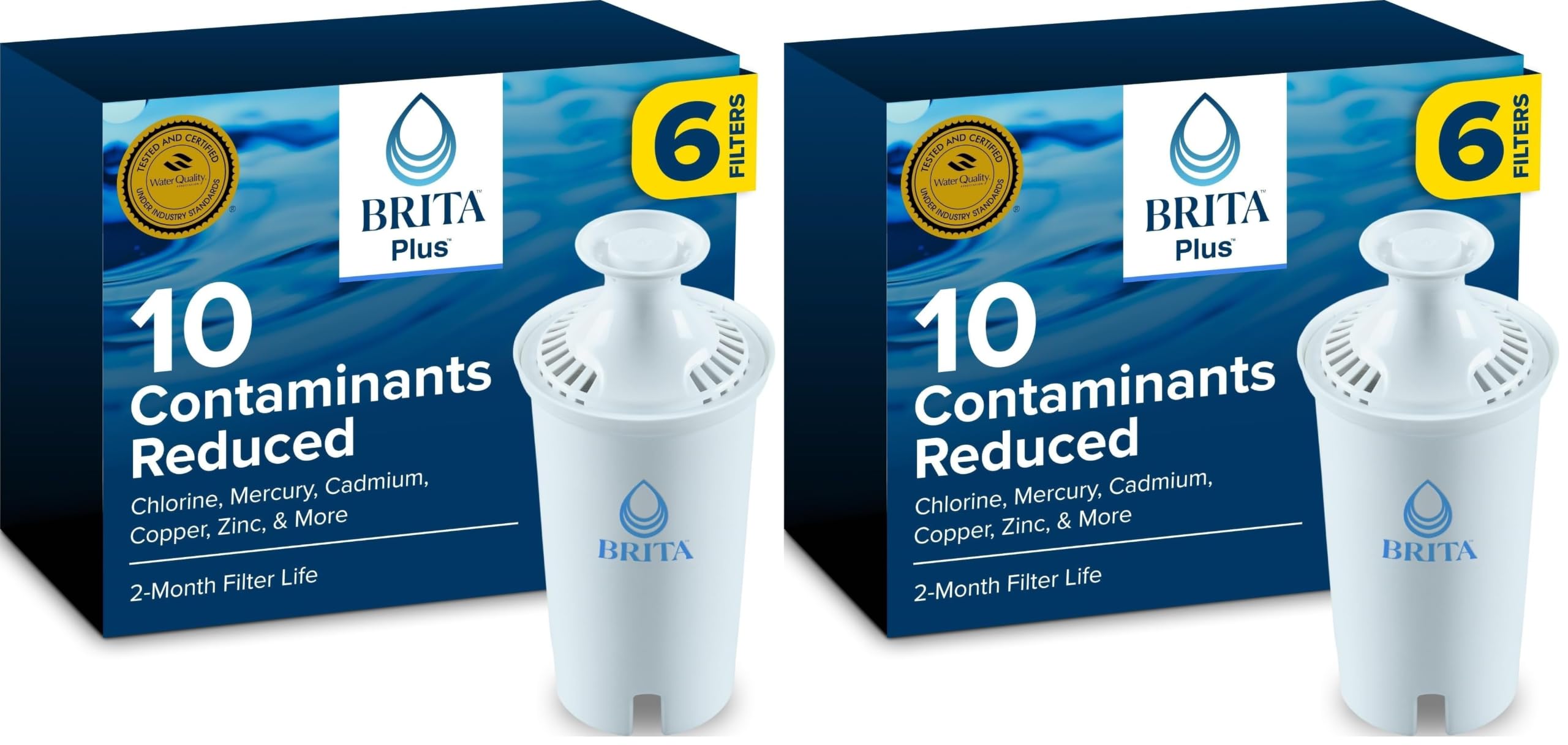 Brita Plus Water Filter, BPA-Free, High-Density Replacement Filter for Pitchers and Dispensers, Reduces 2x Contaminants*, Lasts Two Months or 40 Gallons, Includes 6 Filters (Pack of 2)