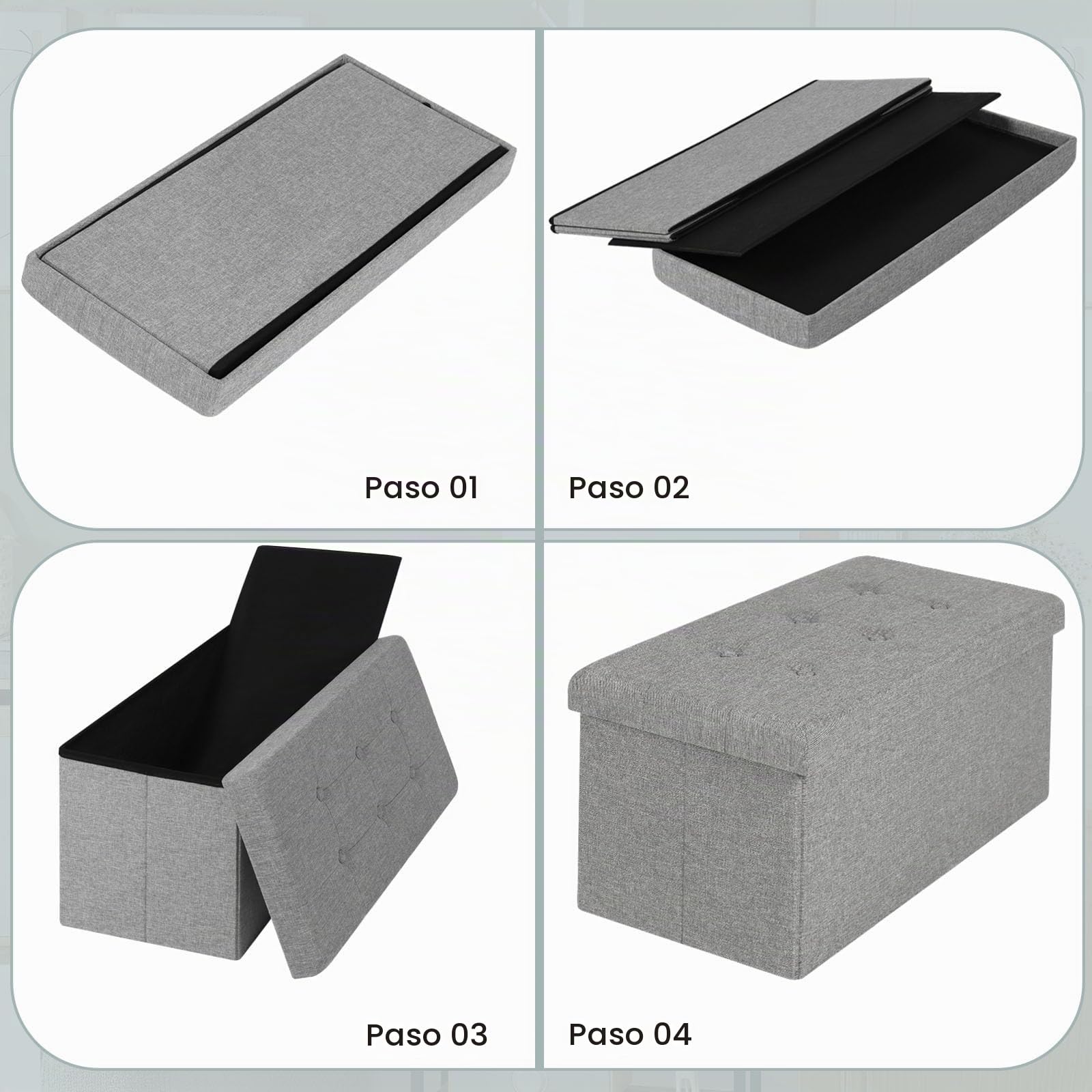 WOLTU Puff Baúl Plegable Rectángulo Taburete para Almacenamiento Otomanos de Lino Caja de Almacenaje con Tapa Reposapiés Sofá 76x37,5x38 cm Gris Claro