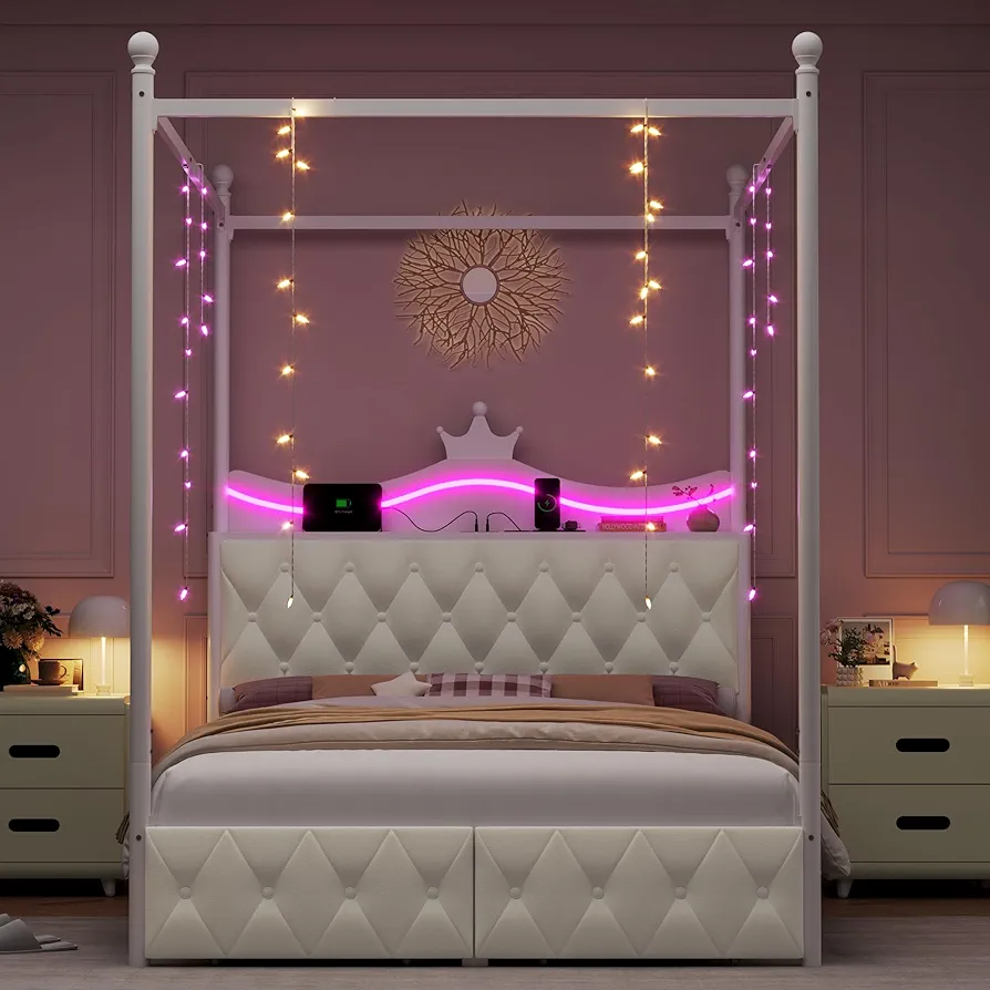 Keyluv Full Size Upholstered LED Canopy Bed Frame with Charging Station and Drawer, Button Tufted Crown Headboard with Storage Shelf, Two-Purpose Removable Four Poster Design Platform Bed, Beige