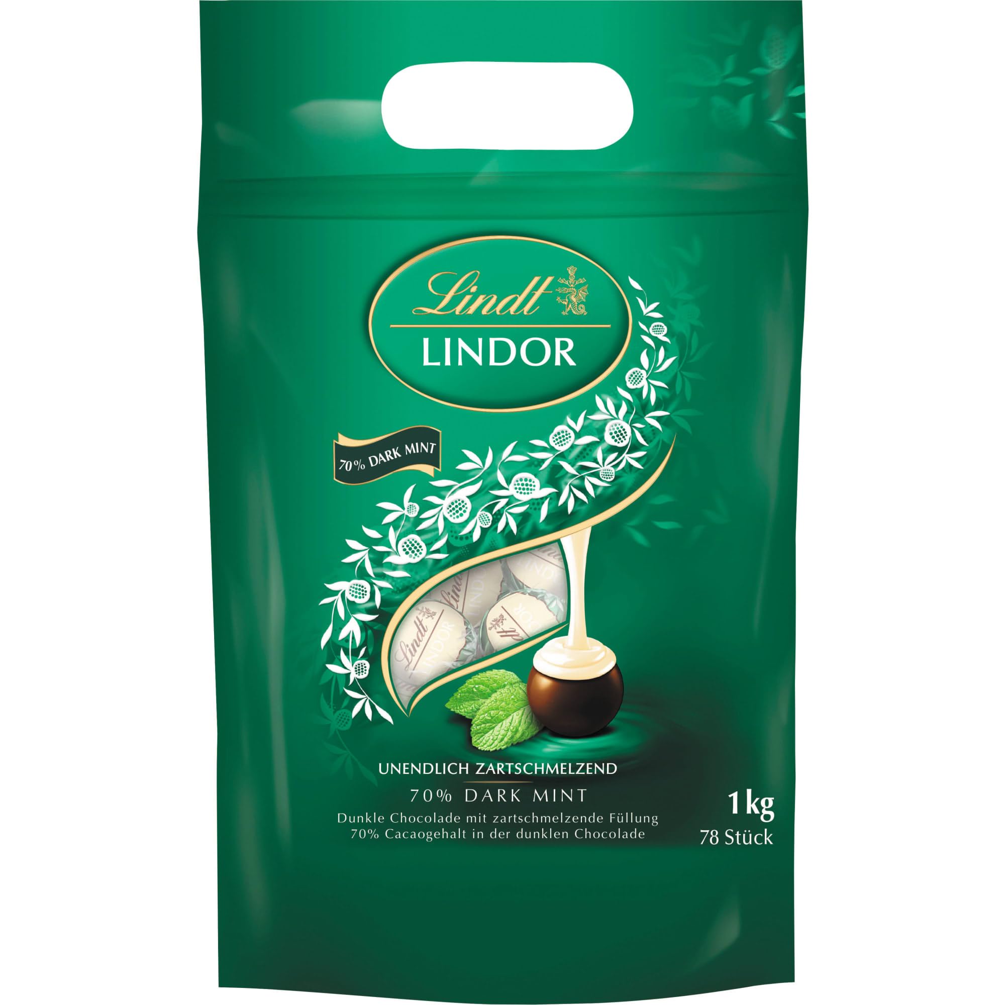 Lindt Schokolade | LINDOR Beutel Dark Mint | 1kg | 80 Kugeln in feiner Edelbitter-Schokolade mit zartschmelzender Minze-Füllung in dunkler Schokolade | Schokoladen-Geschenk zum Teilen