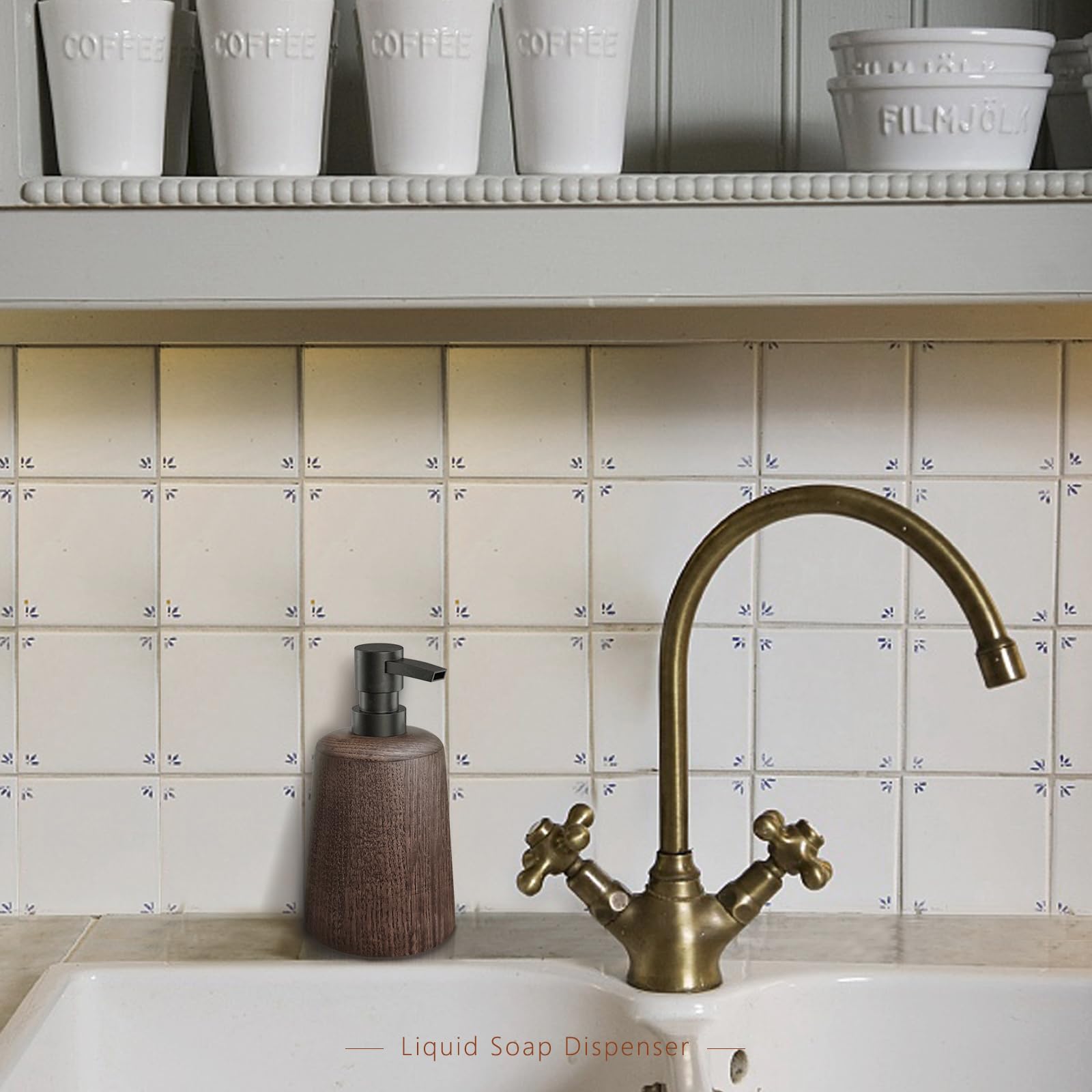 Dispensador de jabón hecho a mano de madera marrón oscuro, bomba de plástico, decoración elegante de baño, bomba de loción recargable, botella de ducha, fondo antideslizante, duradero y