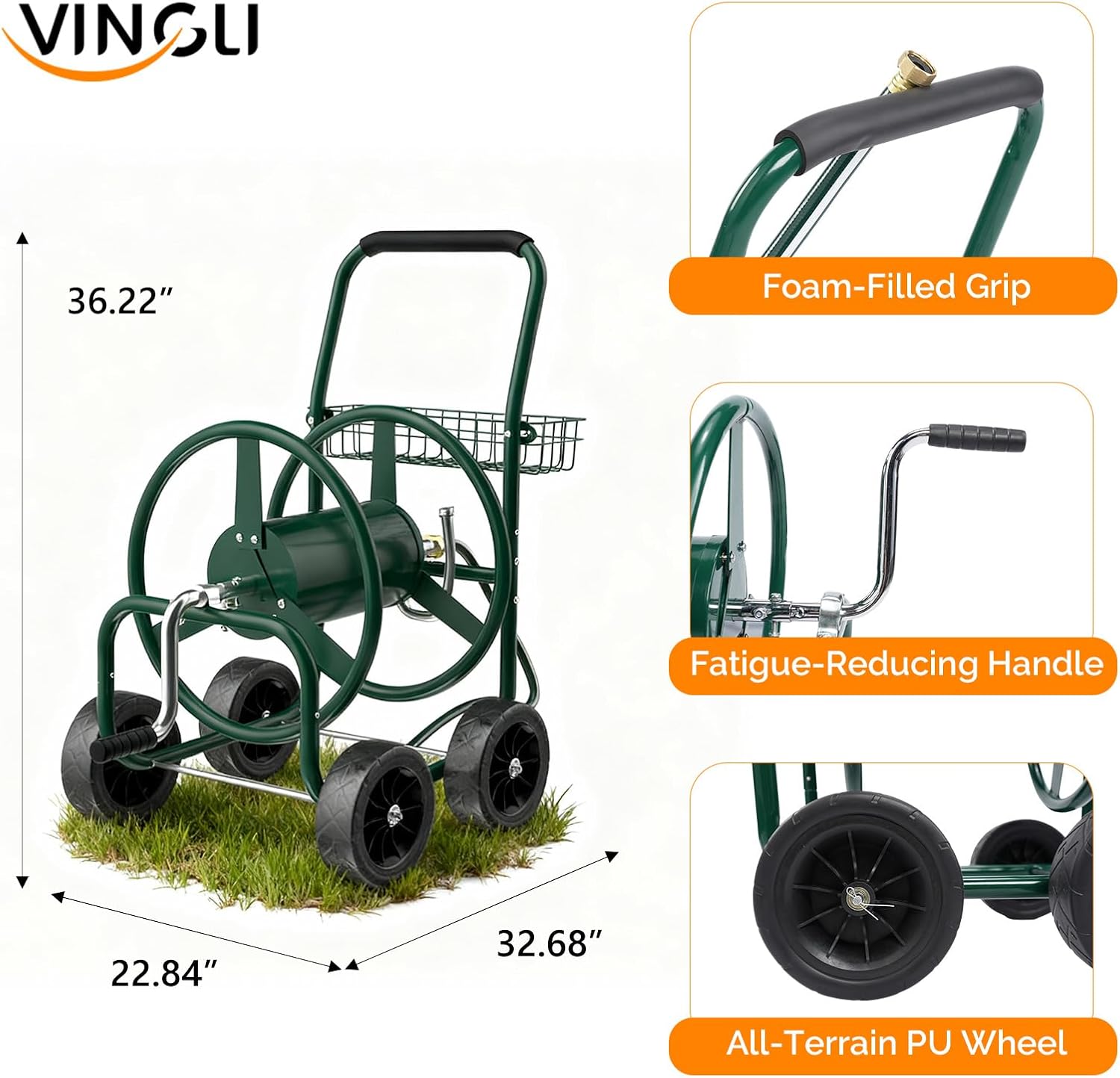 VINGLI 4-Wheel Garden Hose Reel Cart with Storage Basket, Portable Residential Hose Reel Cart, Lawn Watering, for Garden Backyard and Farm (Green 250FT)