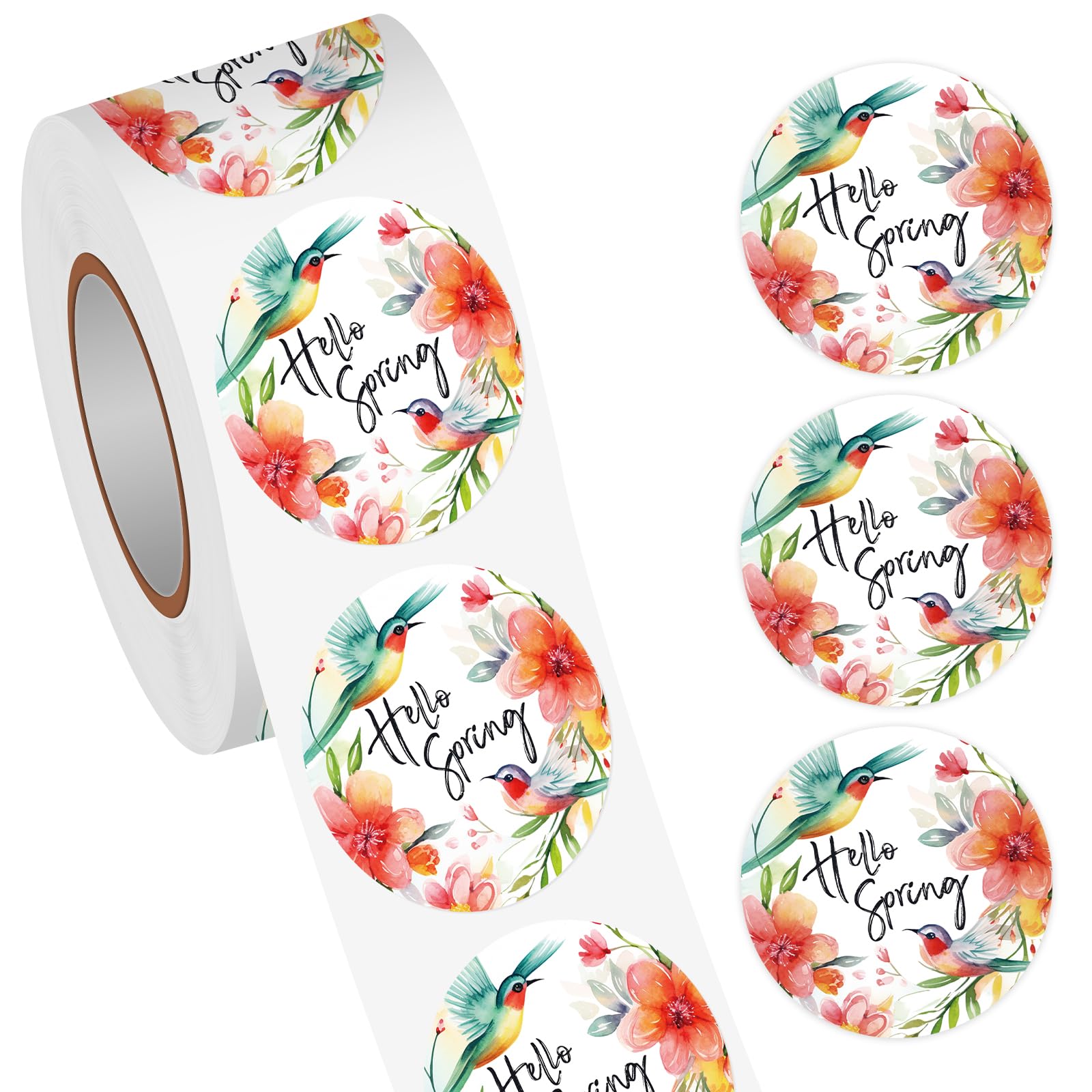 Heyfibro 500PCS Hello Spring Sticker Rolls, 1.5 Inches Round Label Stickers for Kids and Adults, Spring Flower Birds Stickers Gift Tag for Packing, Cards, Candy Bags, Party Supplies