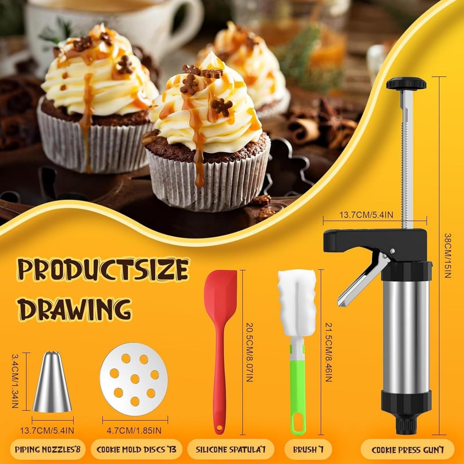 Cookie Press Gun Kit, Stainless Steel Spritz Cookie Press Maker Gun with 8 Piping Tips and 13 Cookie Floral Fragmentfor DIY Biscuit Maker Cake Dessert Making and Decorating