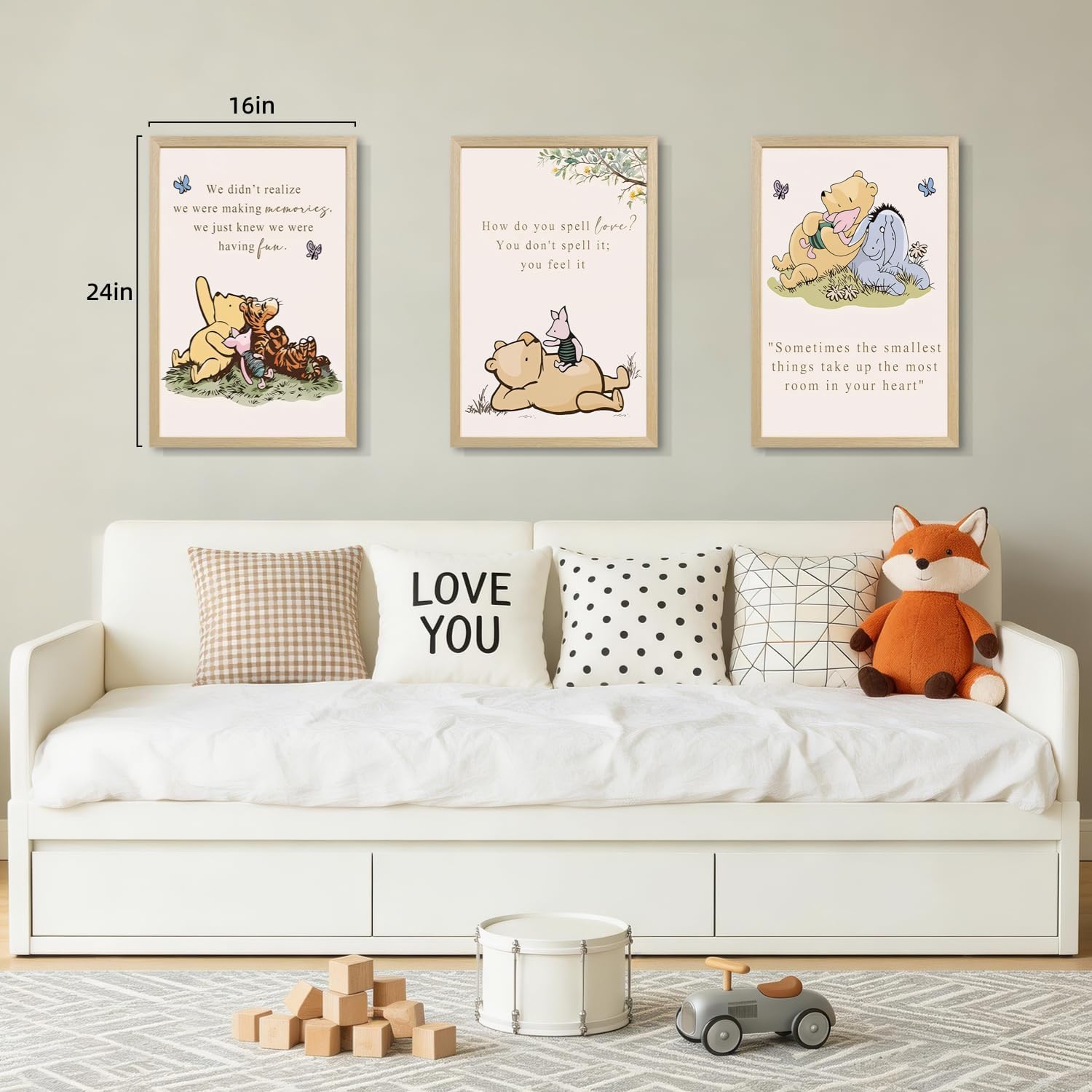 LERVR Wood Framed Bear Nursery Wall Art Set of 3, Cute Bear and Friends Storybook Canvas Print, Sweet Inspirational Quote Decor, Cartoon Animal Nursery Artwork for Kids RoomPlayroom 12x16 Inch