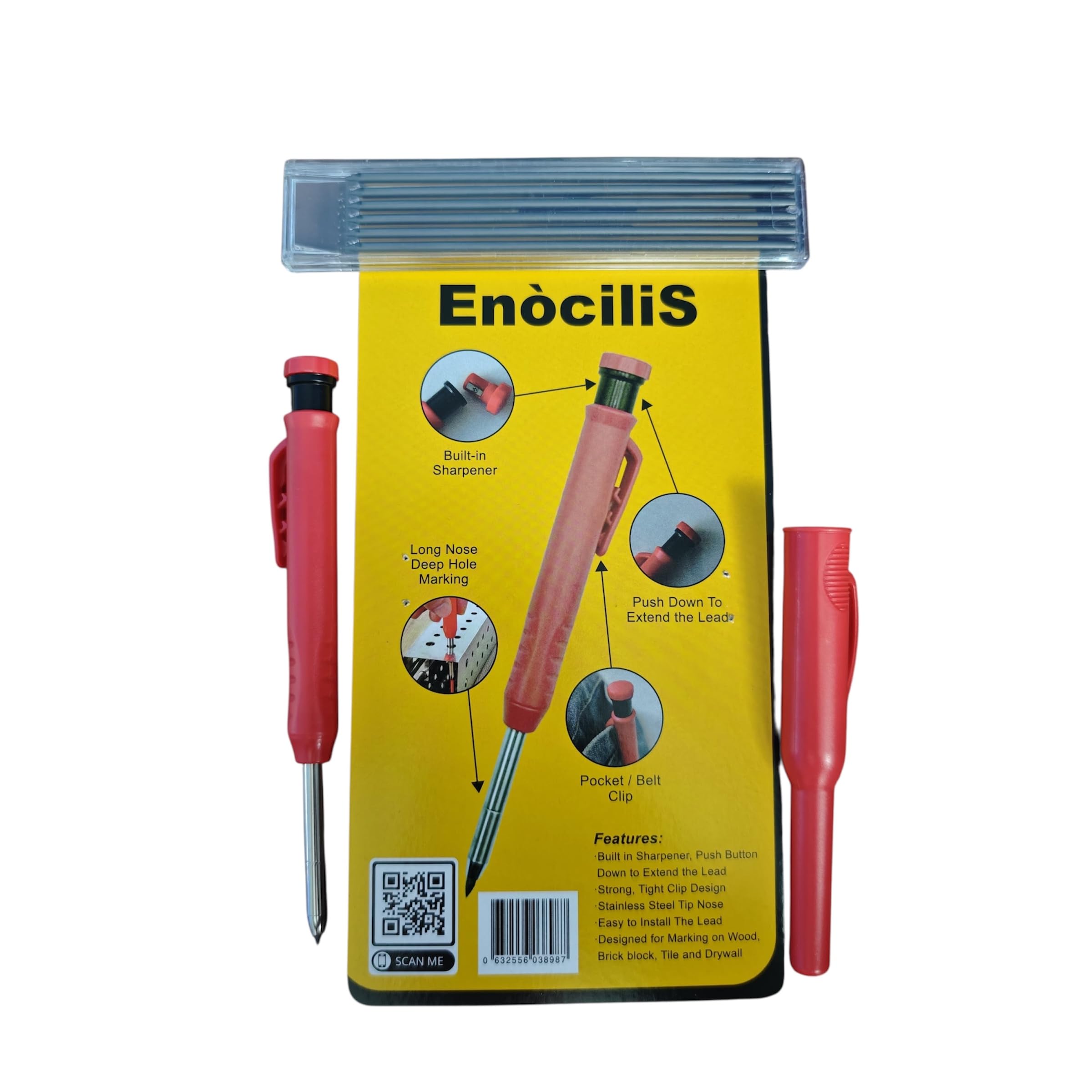 Tracer Pencil Carpenters Pencil EnociliS, Built-in Sharpener, Deep Hole Marking, 2.8mm Lead, Stainless Steel Tip - Image 3