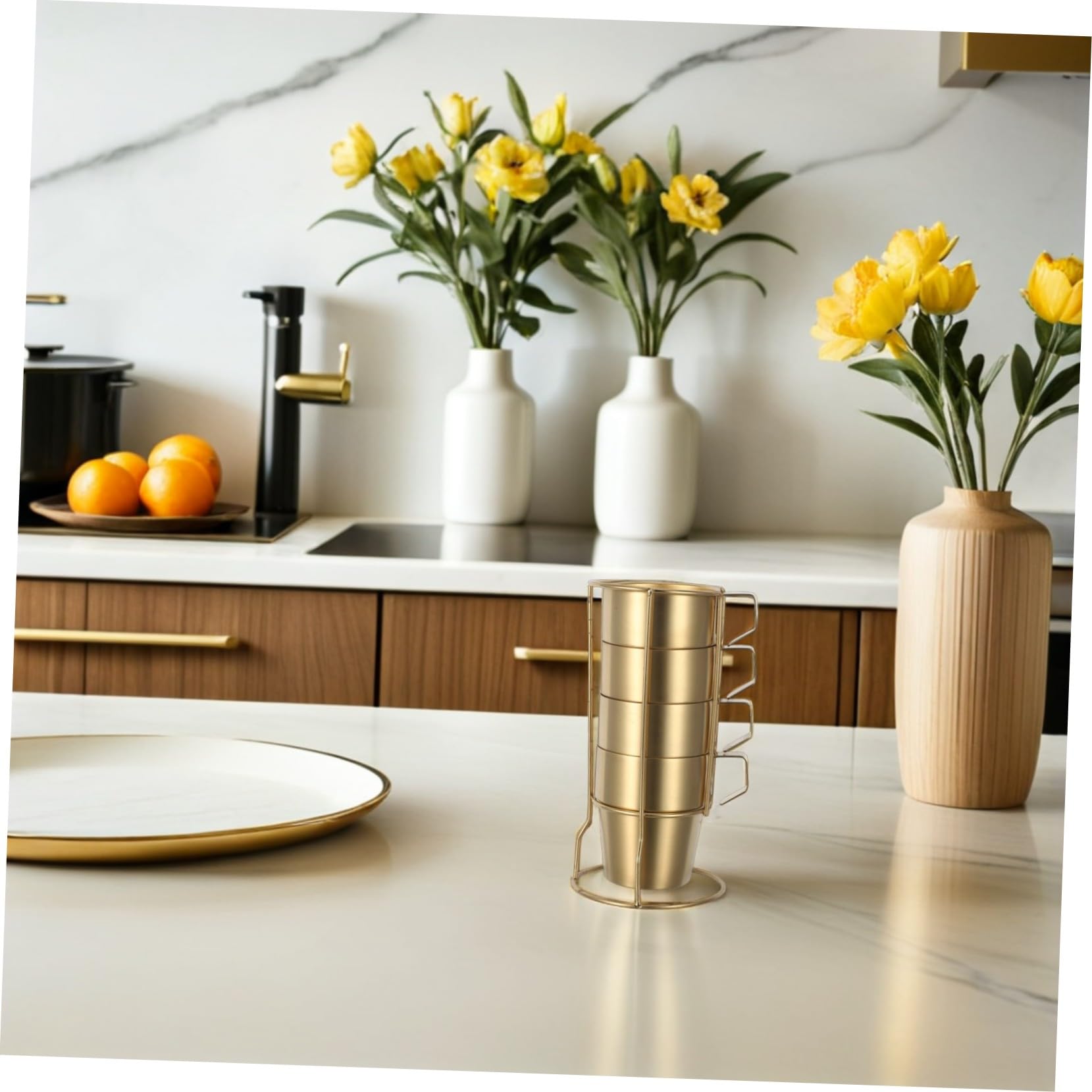 BESTYASH Taza Térmica de Doble Pared de Acero Inoxidable 300ml con Asa | Dorado, Apilable con Rejilla, 1 Juego, Apta para Capuchino y Bebidas Frías
