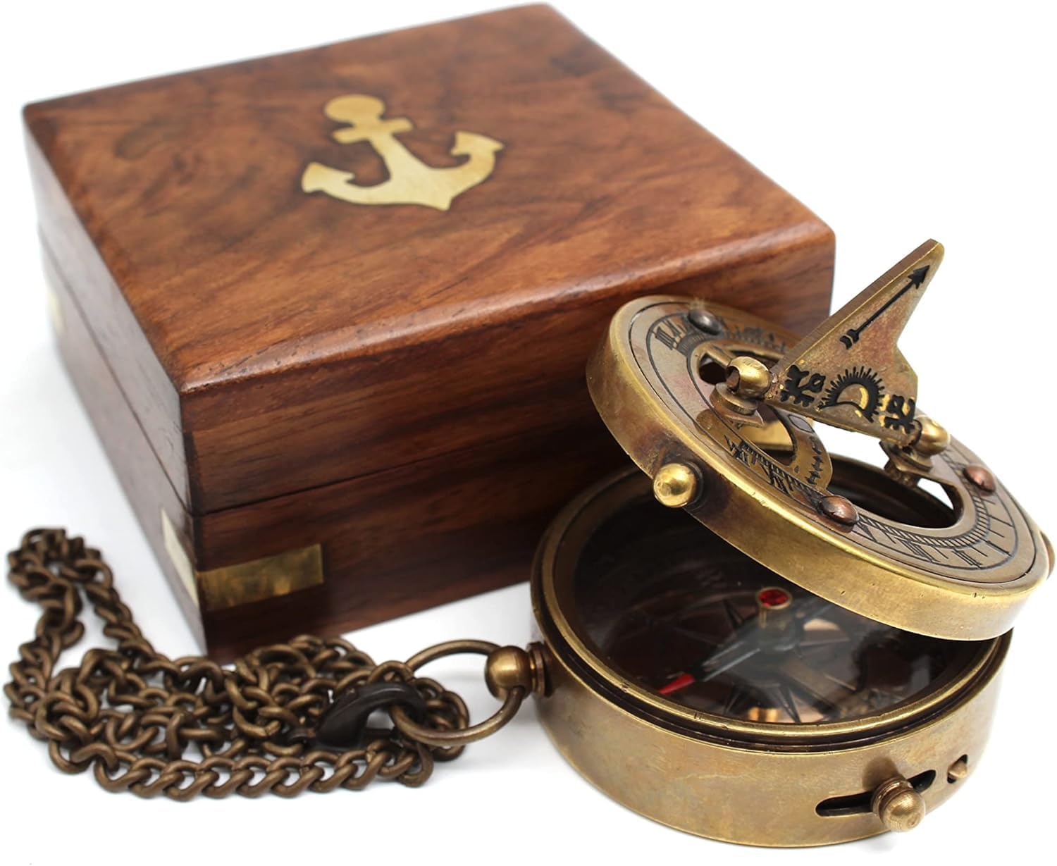Brass Sundial Compass Durable & Portable for Camping, Hiking, Boating | Unique Home Decor with Jeweled Needle Ship Watch